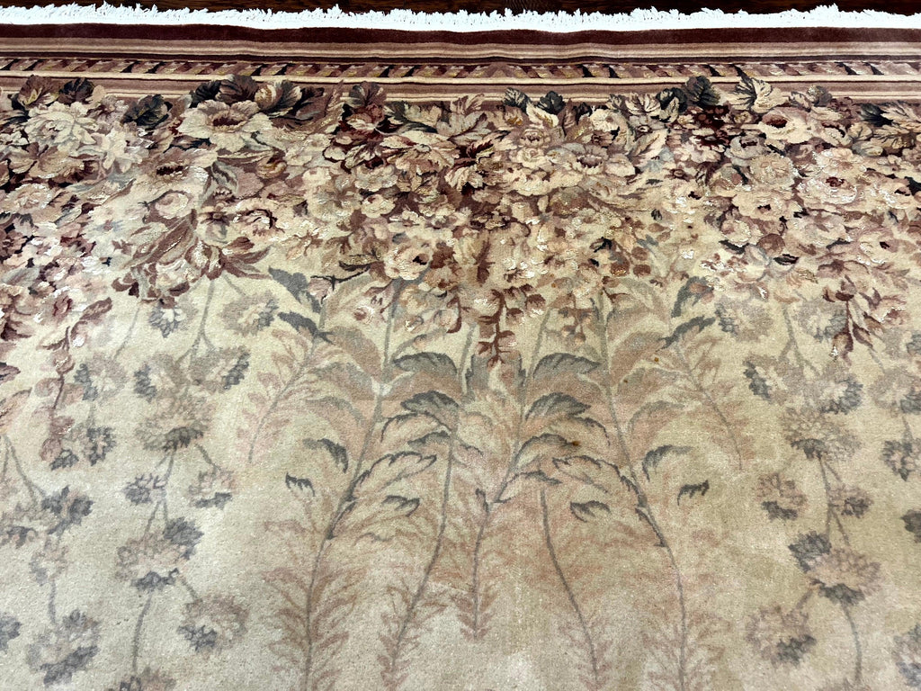 Aubusson Wool Rug 9x11, Wool with Silk Highlights, European Design, Vintage, Handmade, Floral, Fine 210 KPSI