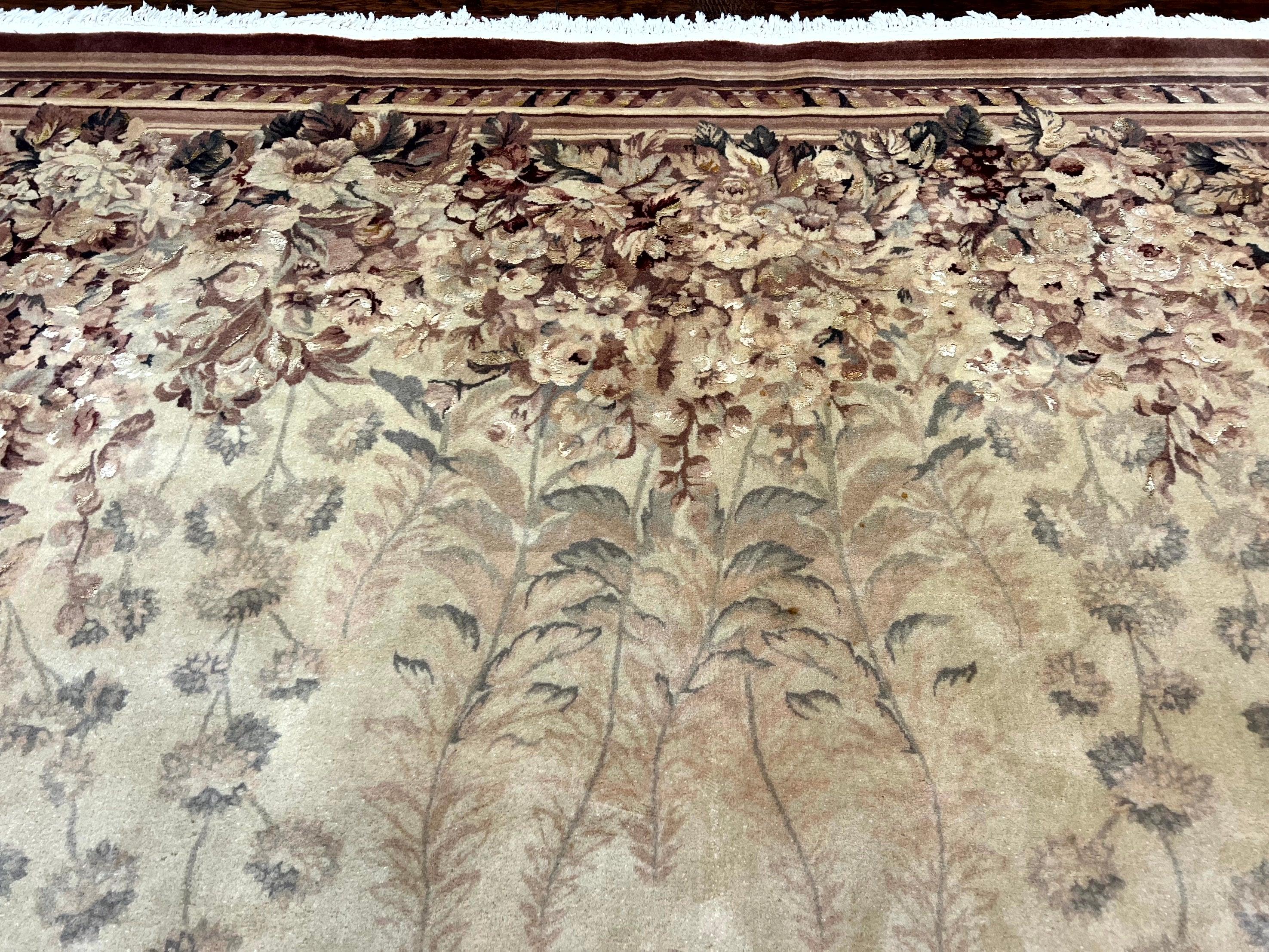 Aubusson Wool Rug 9x11, Wool with Silk Highlights, European Design, Vintage, Handmade, Floral, Fine 210 KPSI