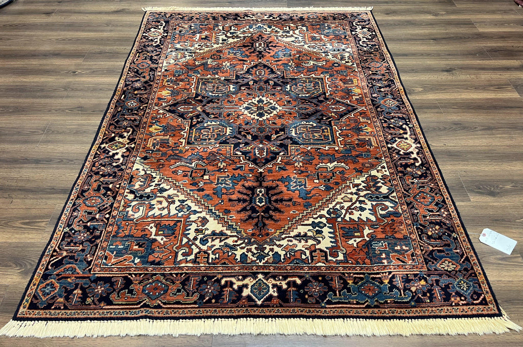 Heriz Rug 5.6 x 8, Geometric Medallion, Wool Oriental Carpet, Tribal Boho Rug, Red Navy Blue Cream, Belgium Power Loomed Rug, Medium Sized