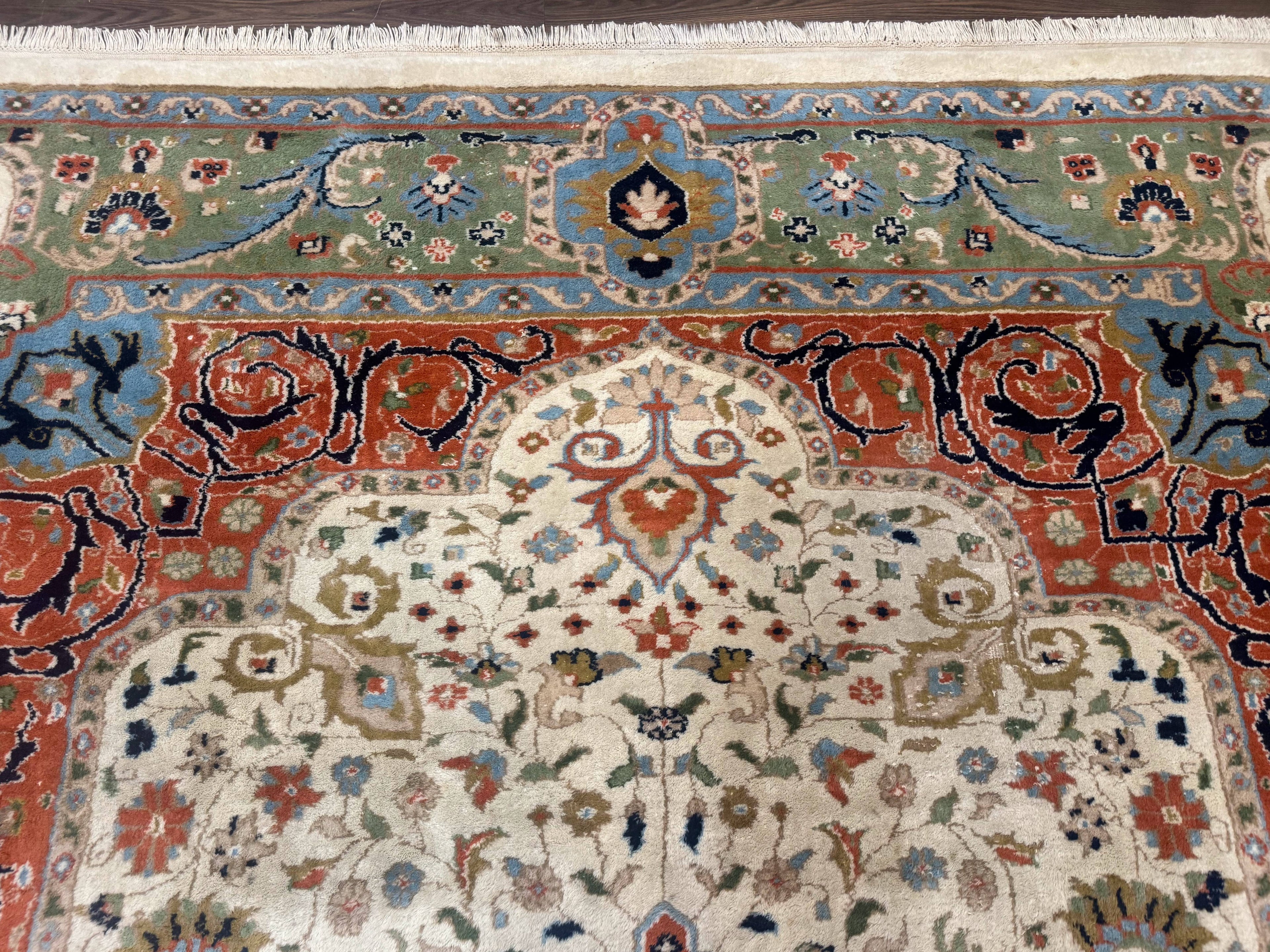 Indo Persian Rug 9x12, Ivory Red Green, Traditional Oriental Carpet