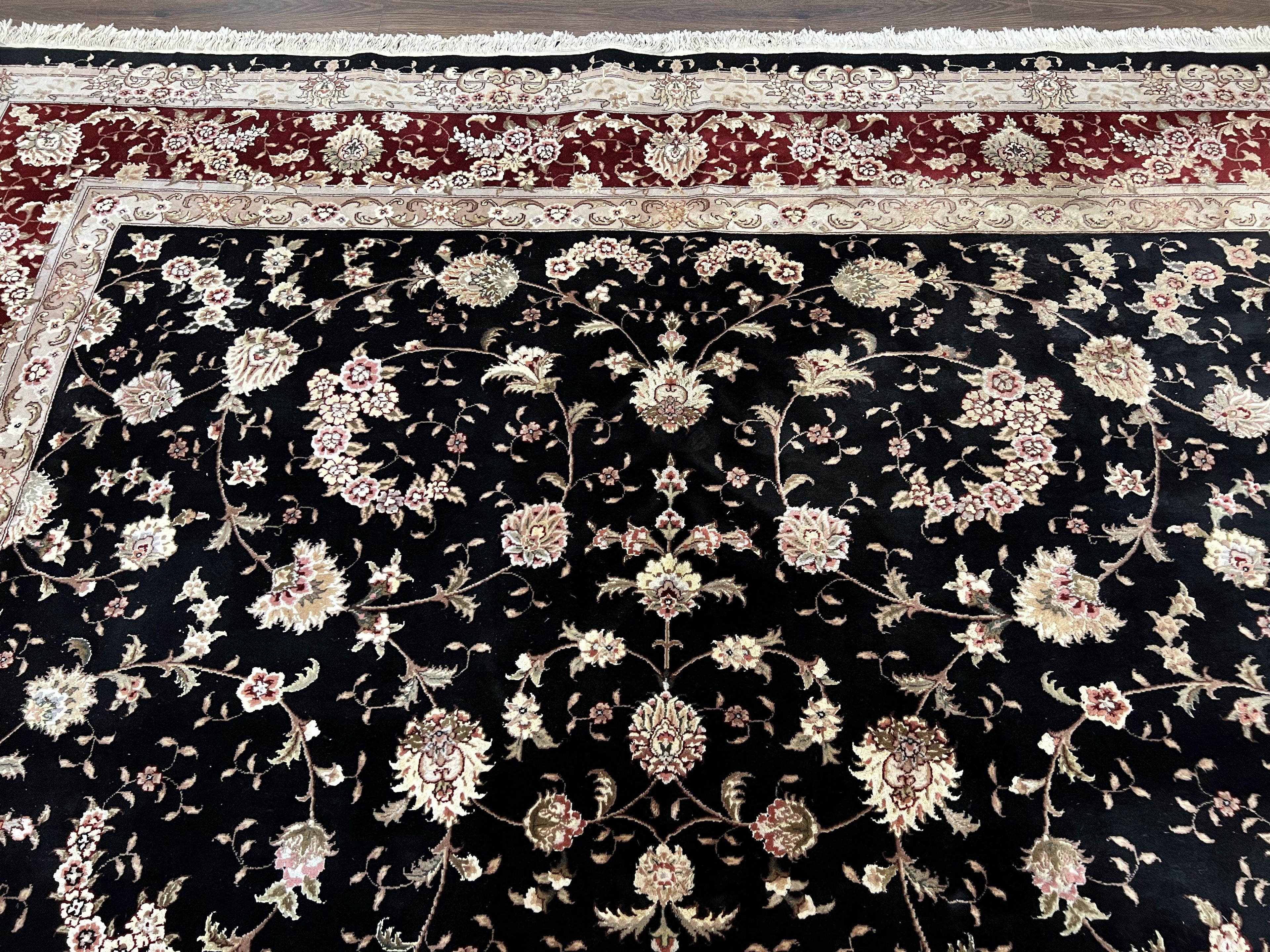 Sino Persian Rug 9x12, High Quality Oriental Carpet, Black and Maroon, Wool and Silk, Allover Floral Pattern, Hand Knotted, Vintage Rug Nice