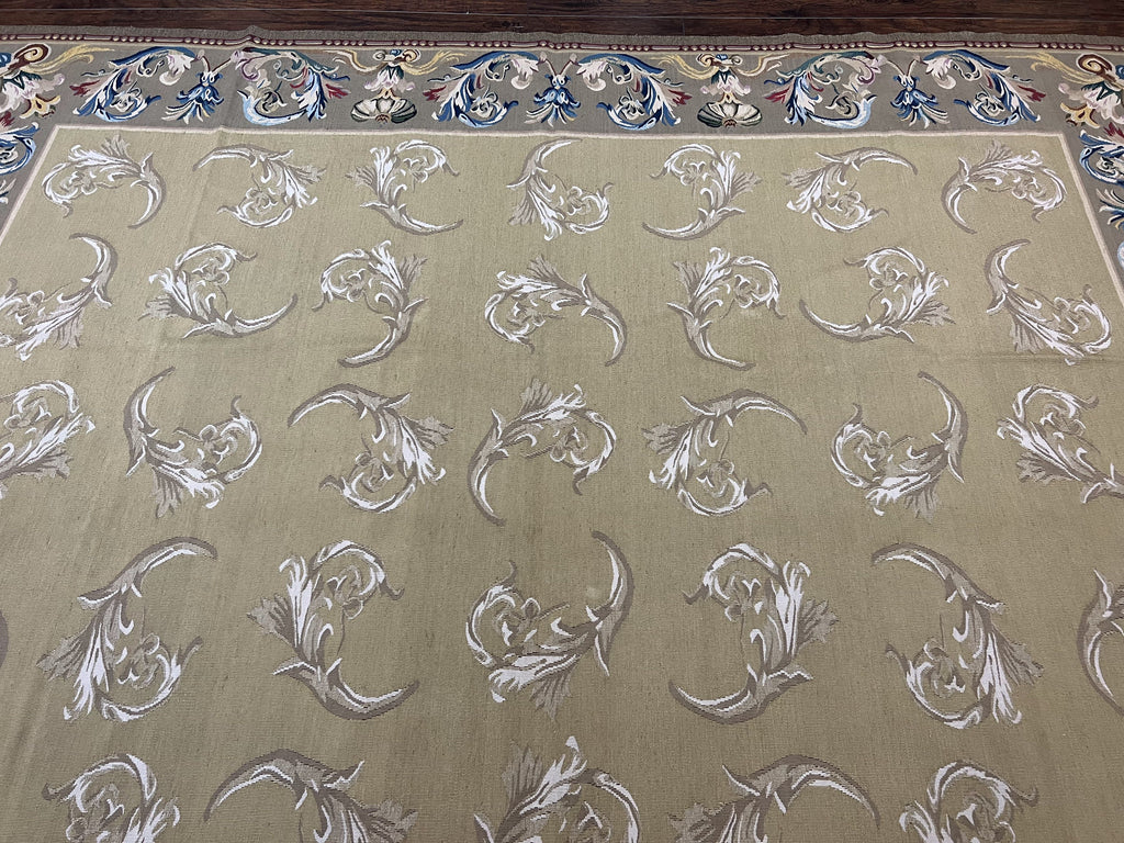 Vintage Aubusson Flatweave Area Rug 9x12, Aubusson Weave, Wool, Beige, Handmade, French European Design, 8'9" x 11'9"