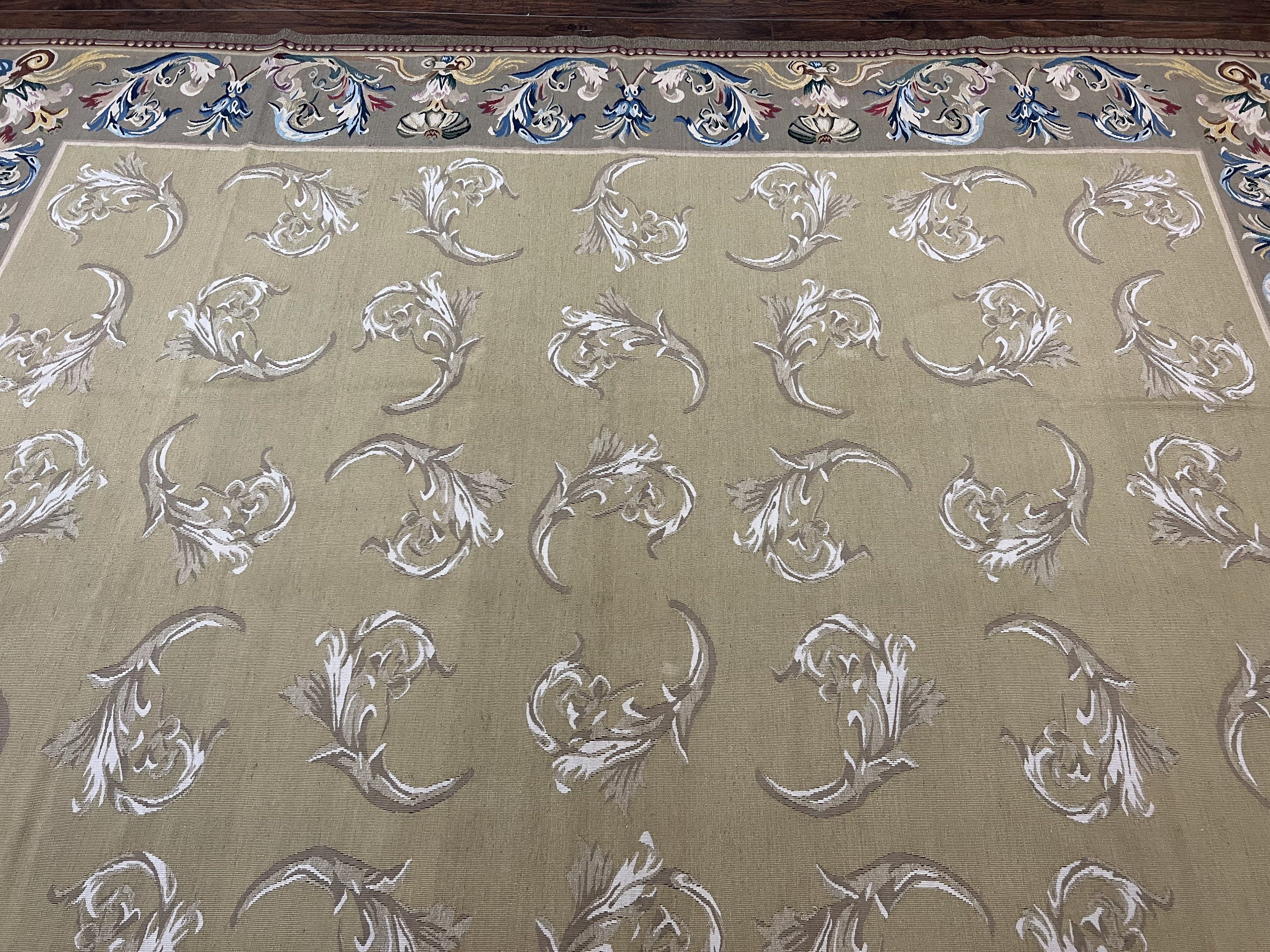 Vintage Aubusson Flatweave Area Rug 9x12, Aubusson Weave, Wool, Beige, Handmade, French European Design, 8'9" x 11'9"