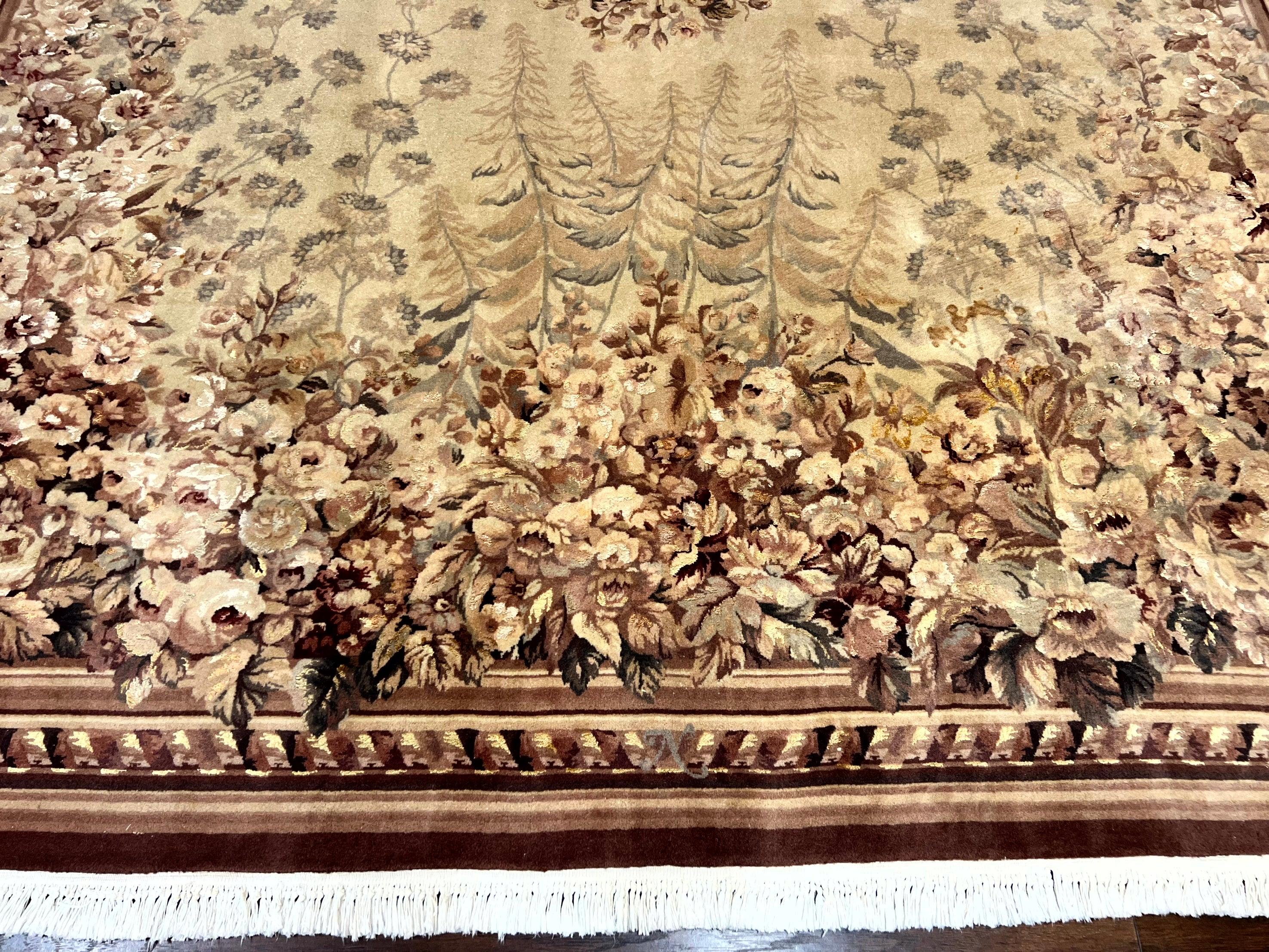 Aubusson Wool Rug 9x11, Wool with Silk Highlights, European Design, Vintage, Handmade, Floral, Fine 210 KPSI