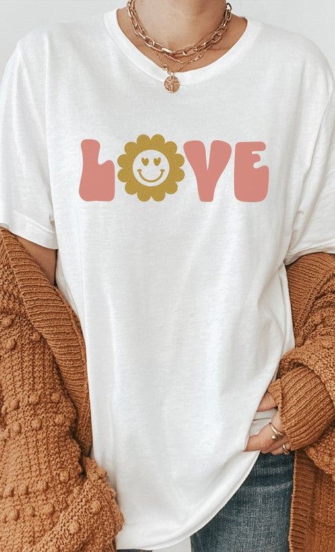 Love Sparkley Heart Eyes Flower Graphic Tee T-Shirt