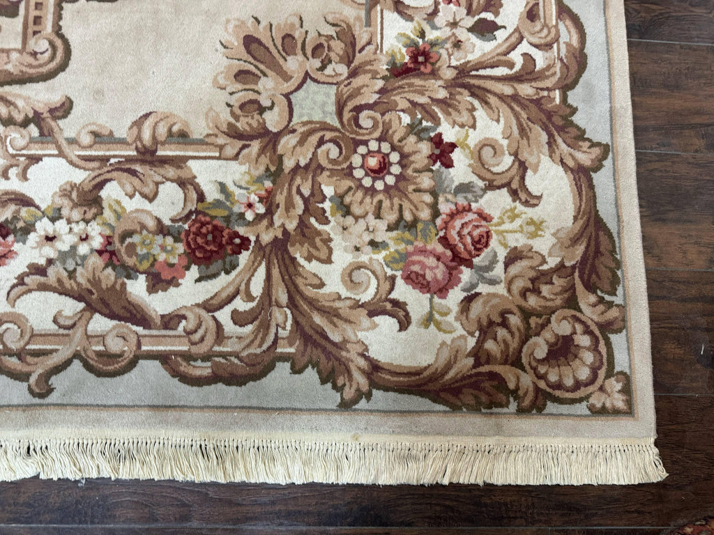 Aubusson Rug 8x12, European French Savonnerie Design, Thick Wool Pile, Elegant Rug, Cream Beige Light Green