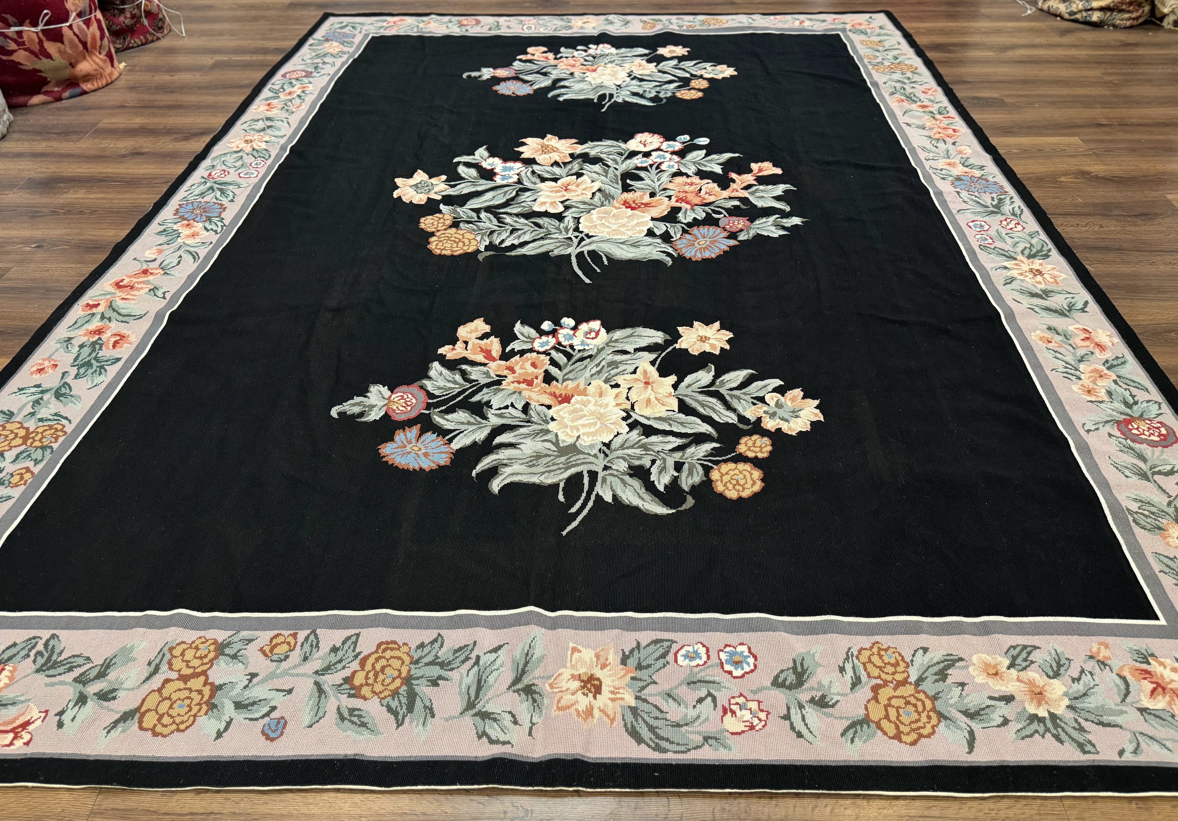 Black Needlepoint Rug 8x11 with Multicolor Flowers, Vintage Carpet