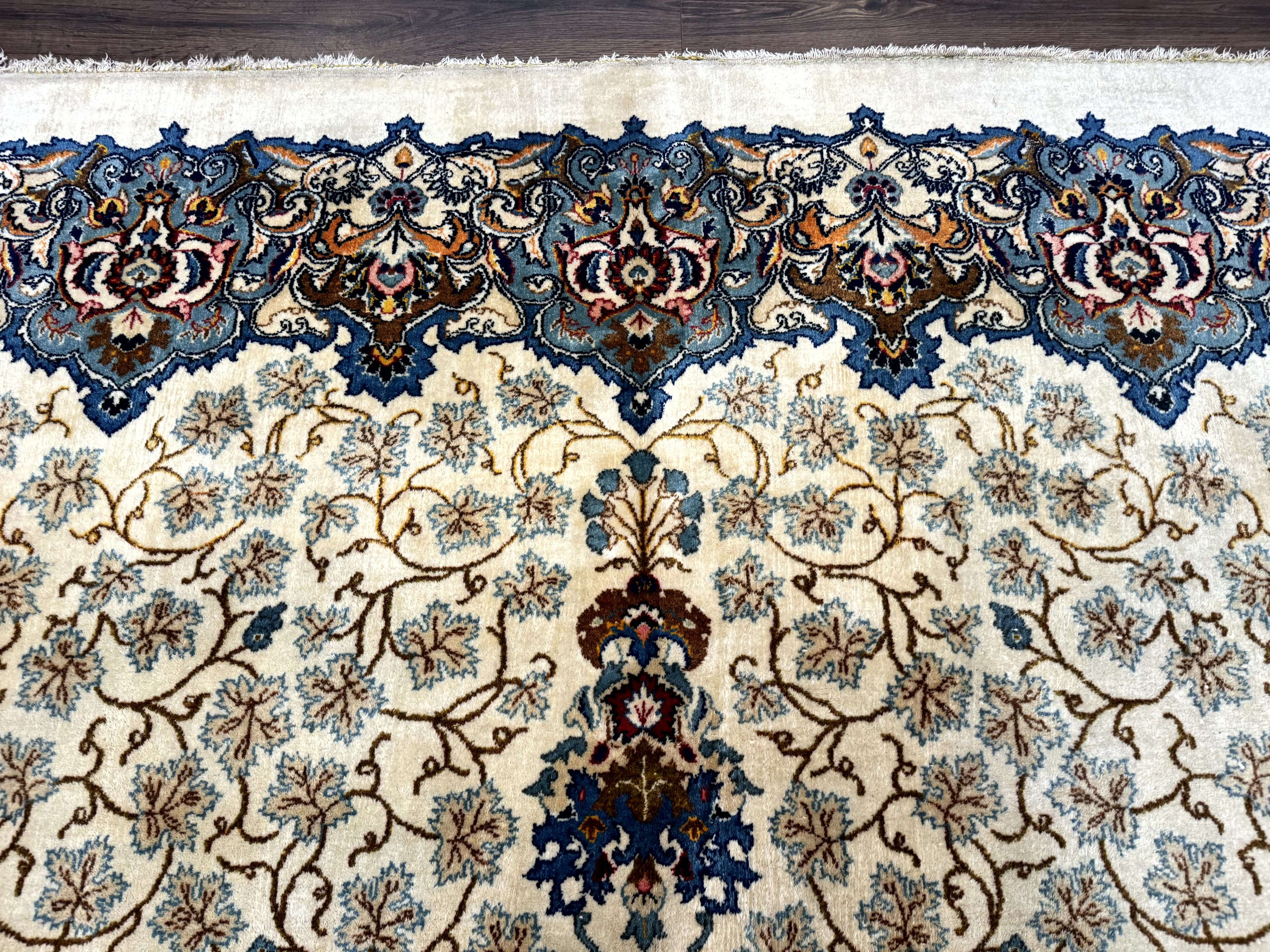 Persian Kashan Rug 9 x 12.6, Ivory and Blue, Floral Medallion, Wool Hand Knotted Semi Antique Carpet