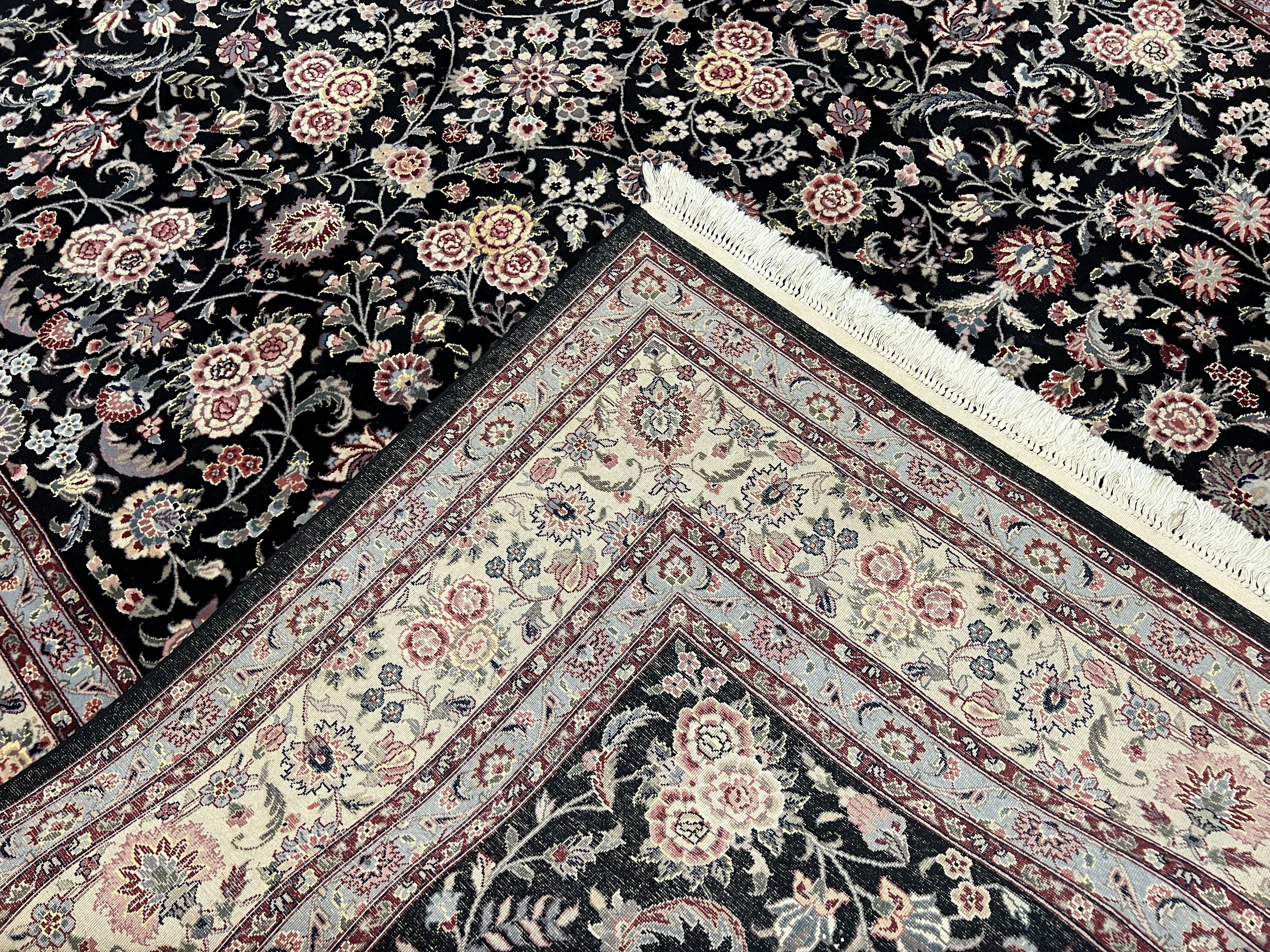 Pak Persian Rug 9x12, Floral Allover, Hand Knotted Oriental Carpet 9 x 12 ft, Black and Cream, Detailed, Wool with Silk Highlights, Vintage