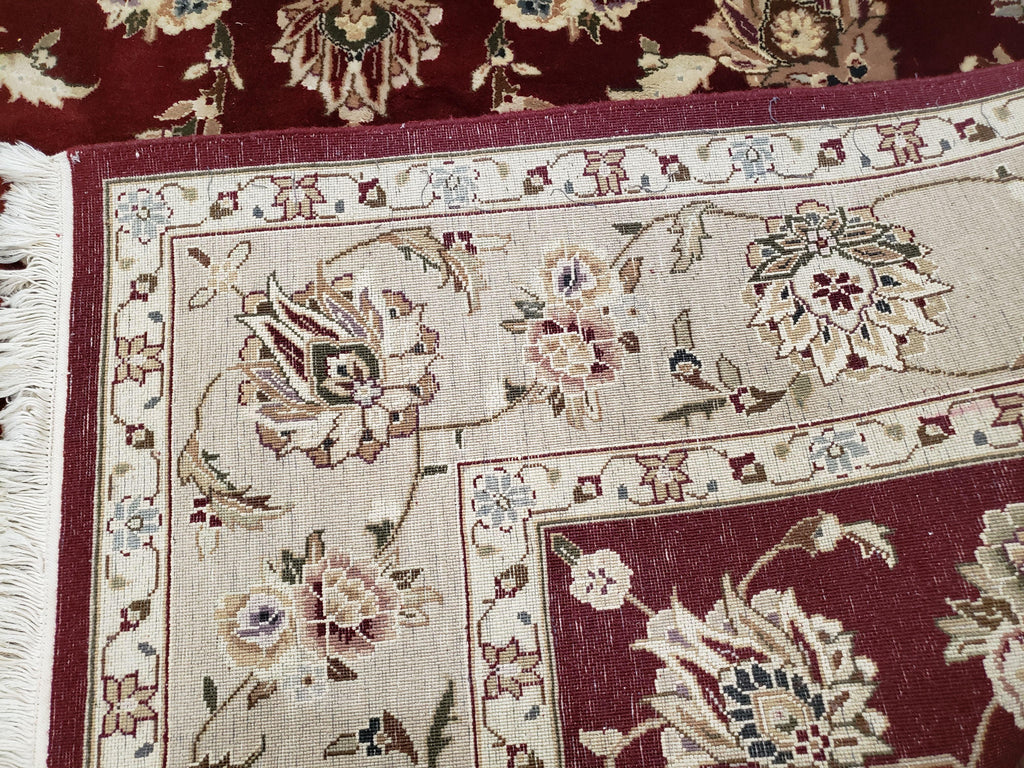 Vintage Traditional Oriental Area Rug, Hand-Knotted, Wool & Silk Accents, Maroon Red and Beige, 6x9 Carpet, 5' 9" x 9'