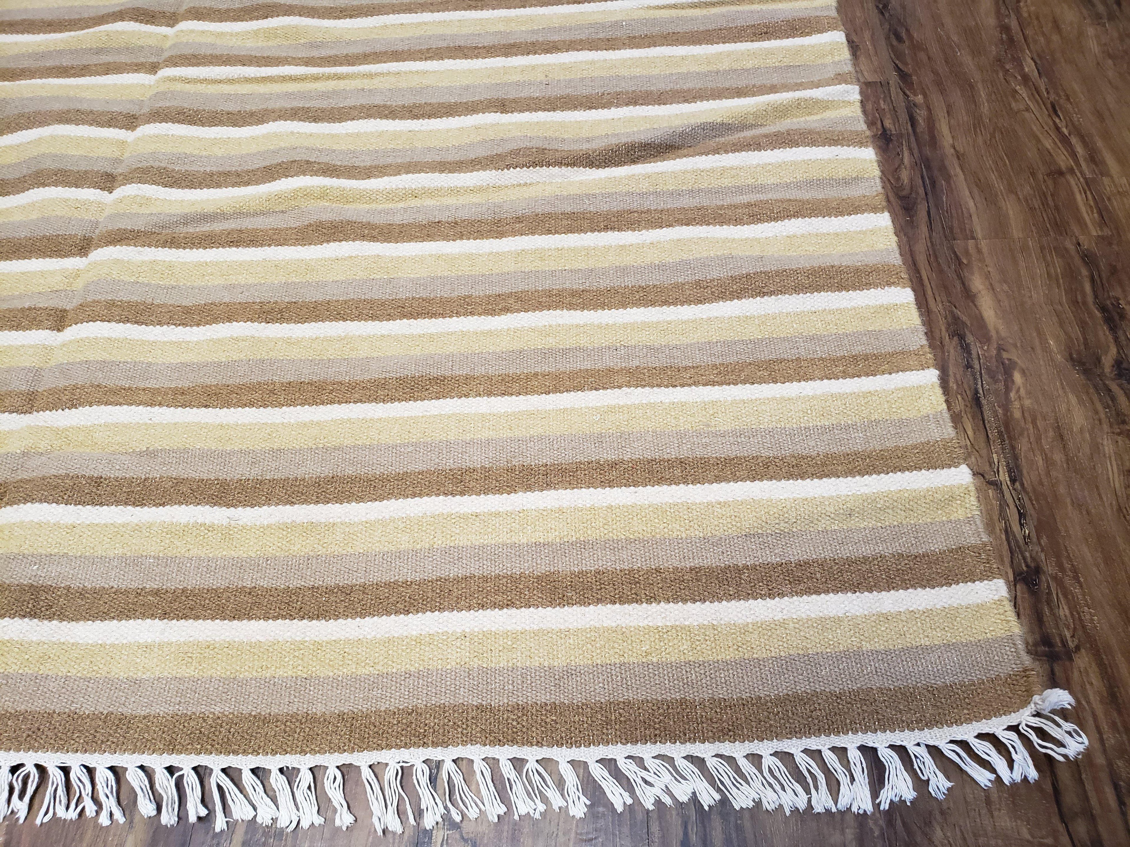 Indian Striped Blanket 6x9, Large Indo Kilim Area Rug, Earthern Tones Woolen Hand-Woven Flatweave South American Style Queen Size Bedspread