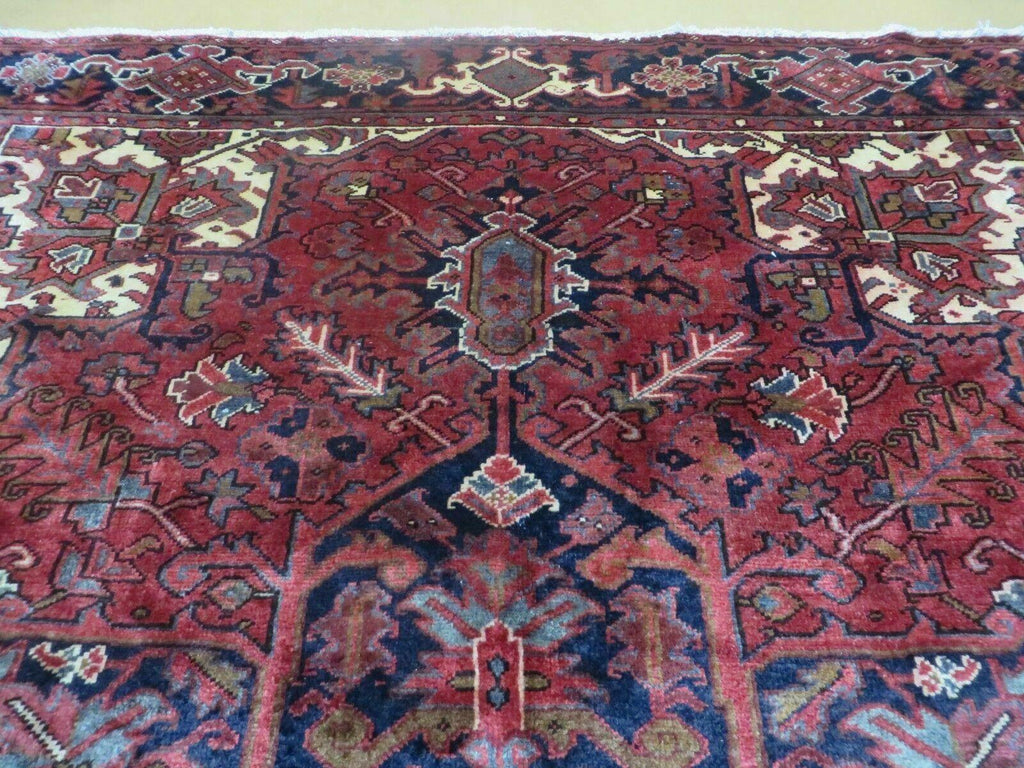 Persian Rug 8x11 Room Sized Heriz Carpet, Hand Knotted Wool Rug, Vintage Semi Antique, Geometric Medallion, Wine Red Cream Dark Blue, Wow