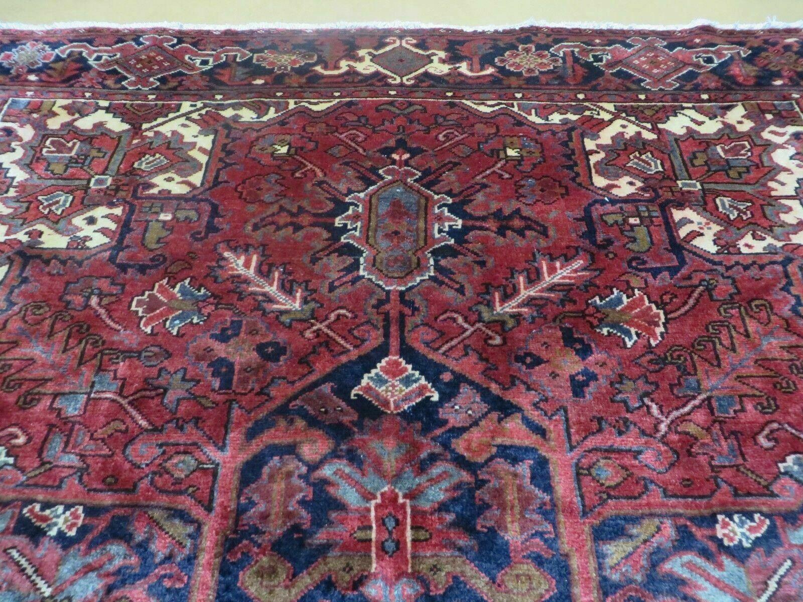 Persian Rug 8x11 Room Sized Heriz Carpet, Hand Knotted Wool Rug, Vintage Semi Antique, Geometric Medallion, Wine Red Cream Dark Blue, Wow