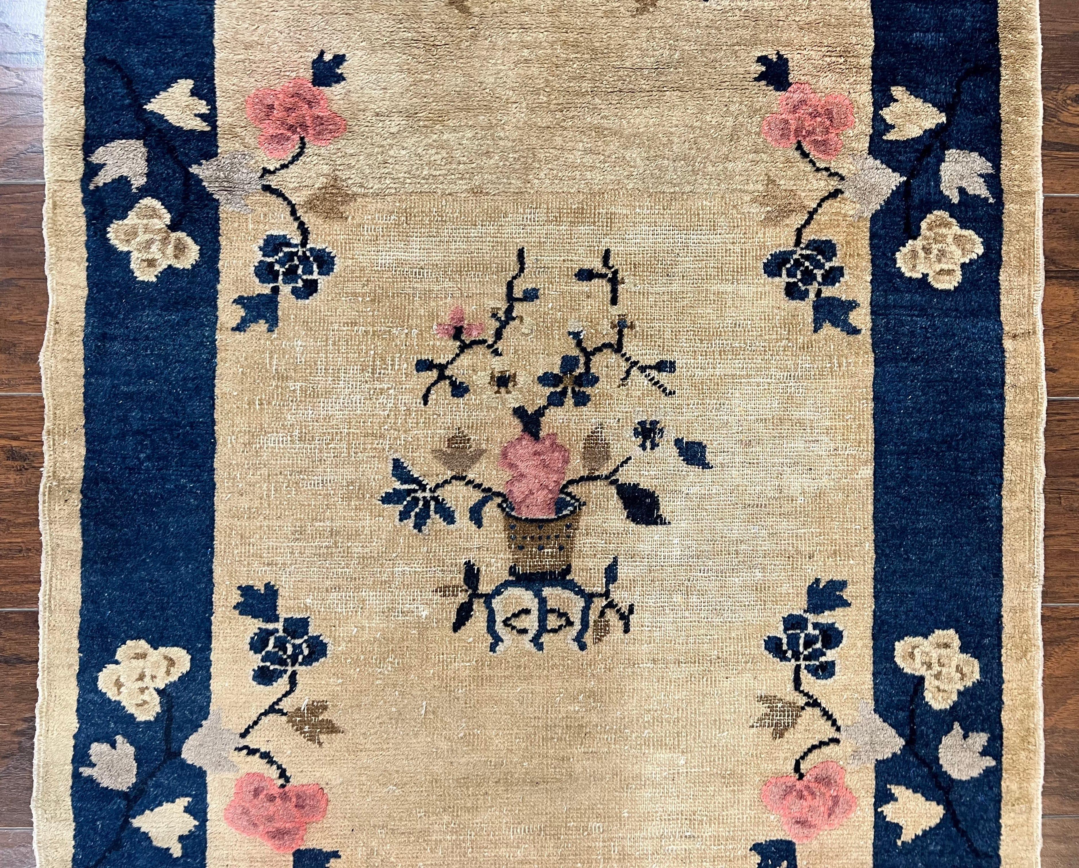 Antique Chinese Peking Rug 3x6, Beige and Dark Blue Hand Knotted Handmade Asian Oriental Carpet, Floral Vases, Vintage Wool Art Deco Rug