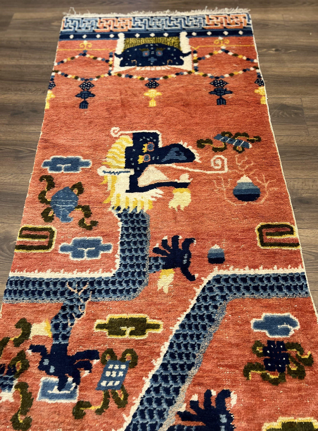 Rare Chinese Ningxia Pillar Rug 3x8, Late Qing Dynasty, 5 Clawed Dragon, Cloud Rainbow Border, Collectible Antique Carpet, Wool Hand Knotted