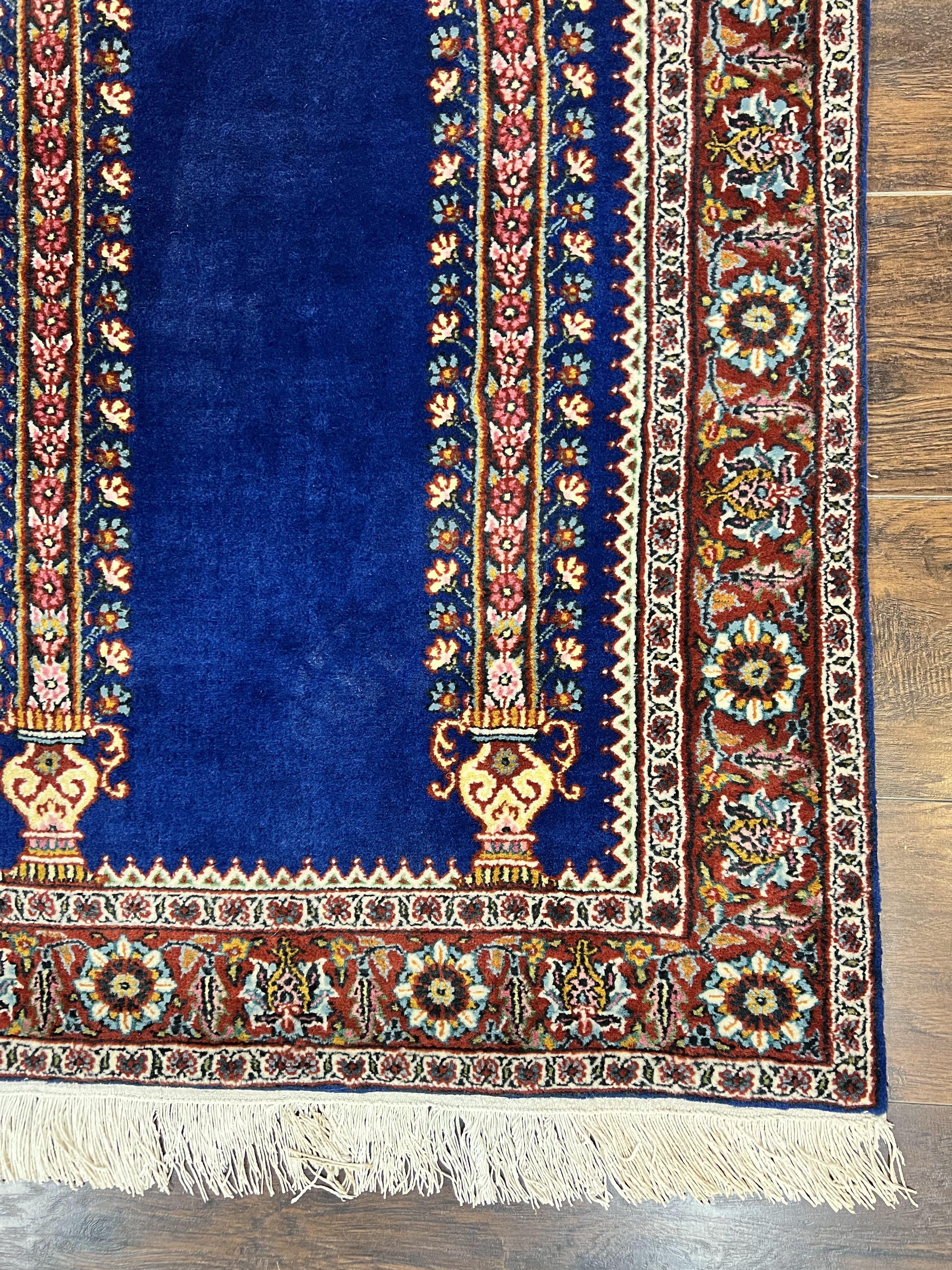 Indo Persian Prayer Rug 3x5, Fine Oriental Carpet, Dark Blue and Red, Vintage Hand Knotted Handmade Prayer Rug