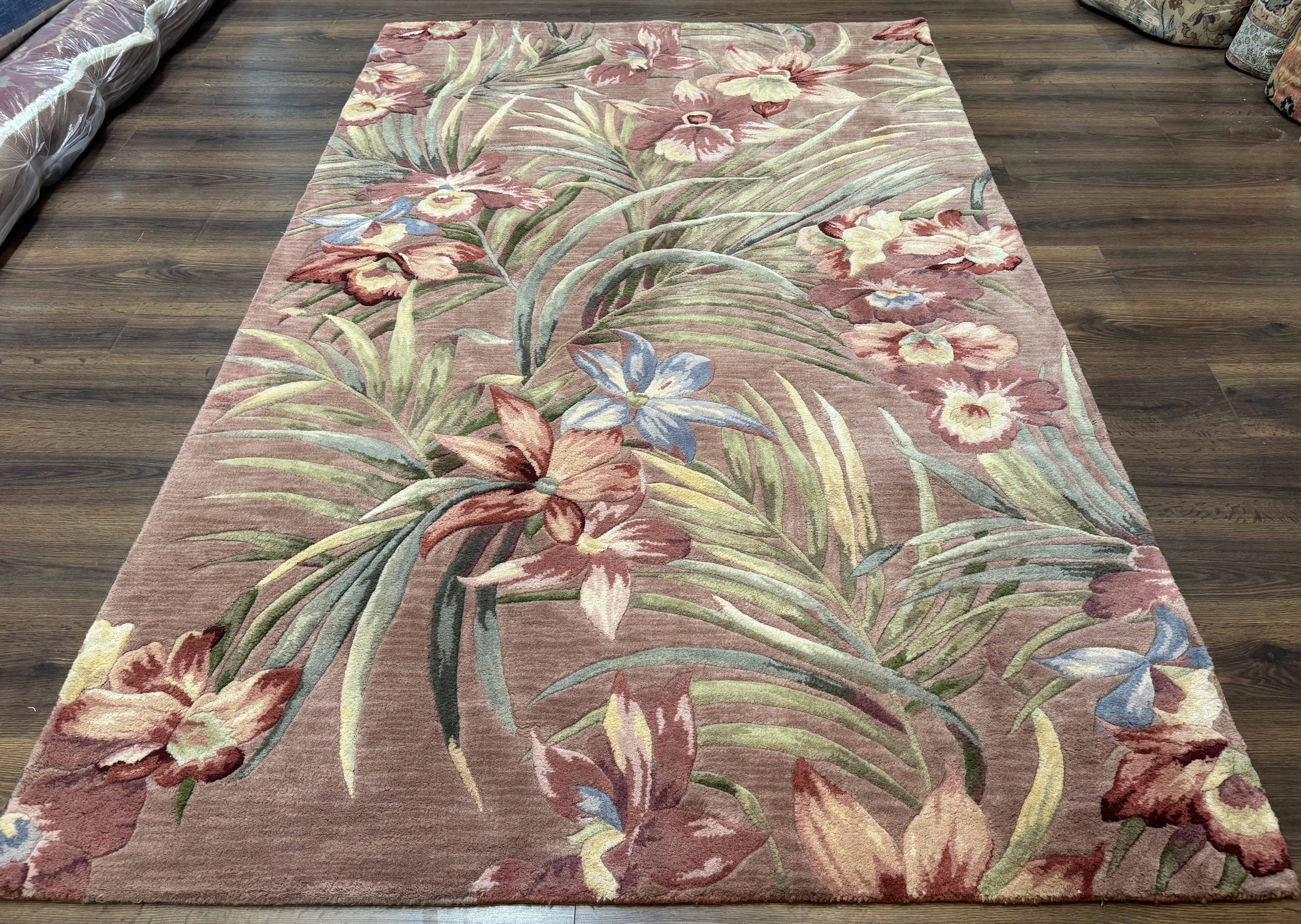 Hand Tufted Floral Rug 5x8, Light Rose Wool Carpet