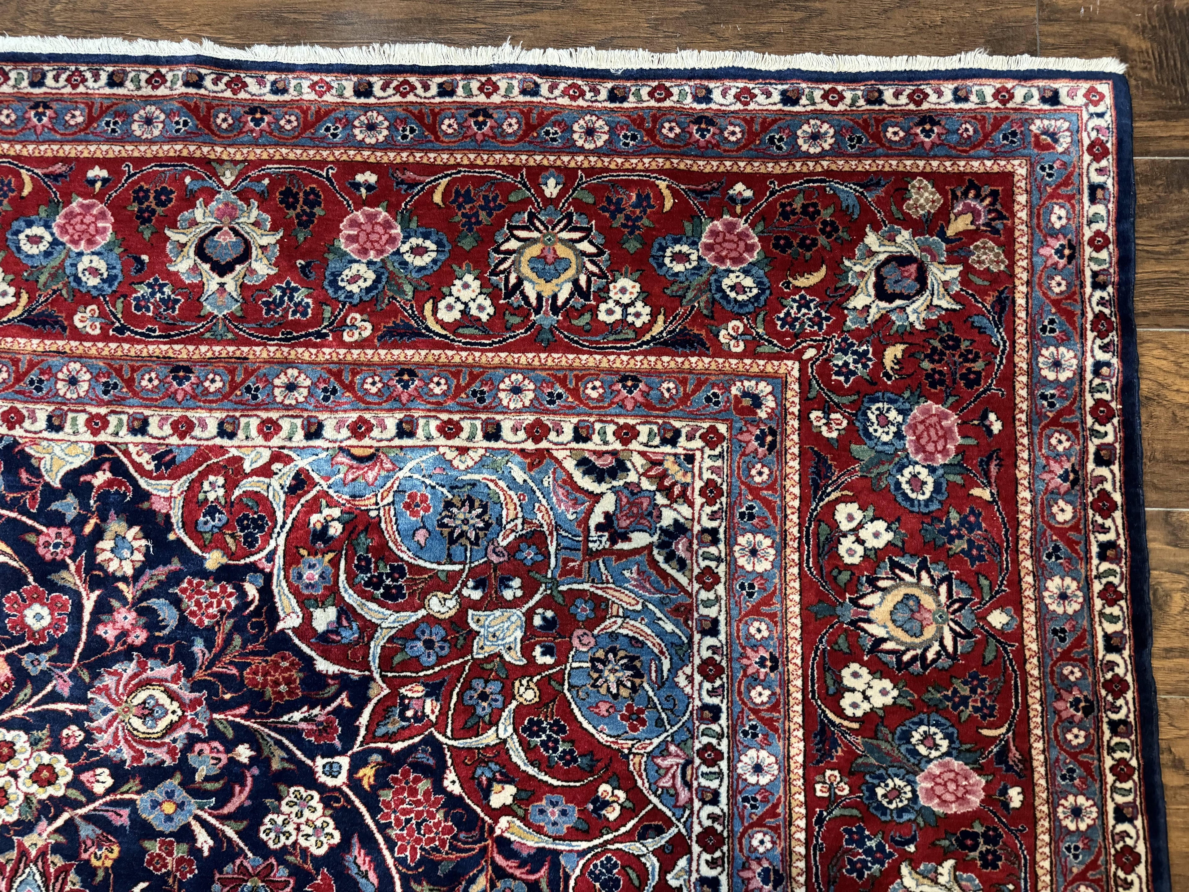Navy Blue Persian Rug 9x12, Antique Persian Carpet, Kork Wool, 200 KPSI, Persian Kashan Rug