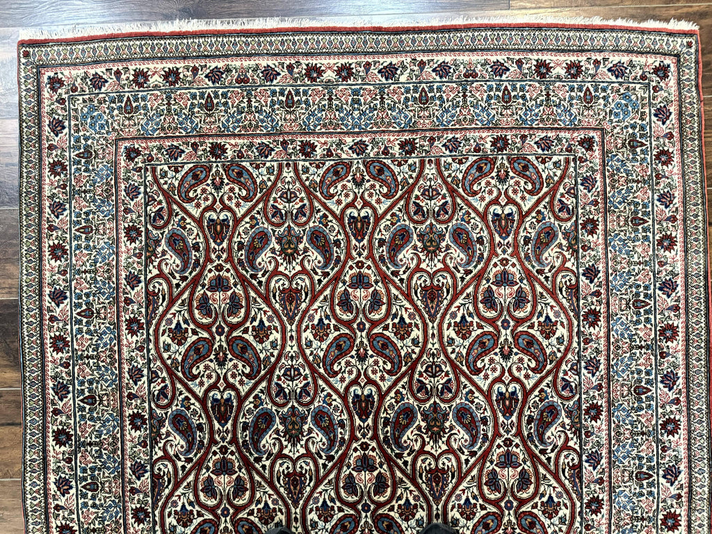 Unique Persian Qum Rug 5x7, Repeated Paisely Boteh Design, Ivory Red Blue, Handmade Antique Wool Persian Carpet, Finely Hand Knotted