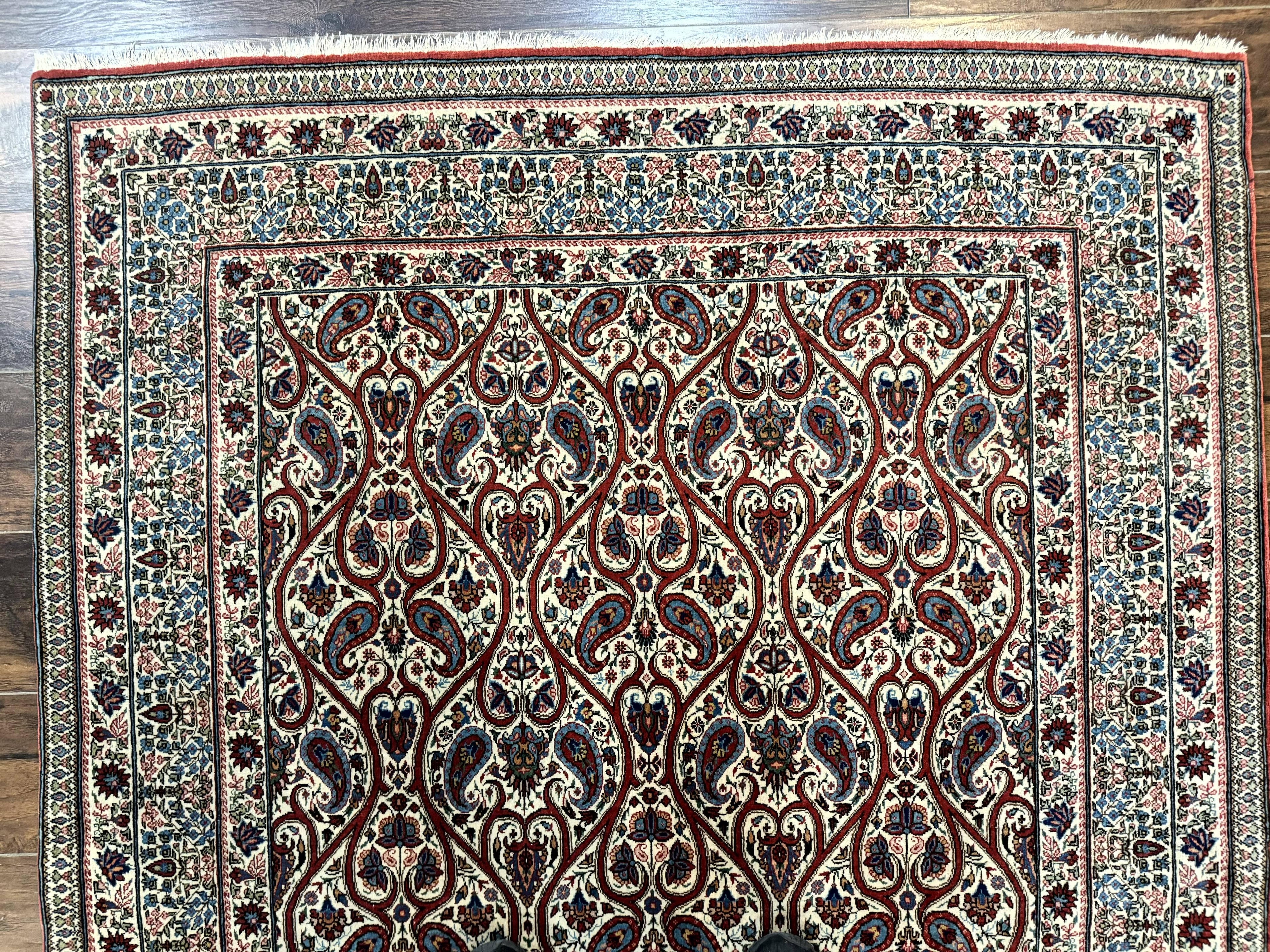 Unique Persian Qum Rug 5x7, Repeated Paisely Boteh Design, Ivory Red Blue, Handmade Antique Wool Persian Carpet, Finely Hand Knotted