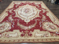 Aubusson Rug 8x11, Needlepoint Carpet, Red Ivory Beige, Vintage, French European Design