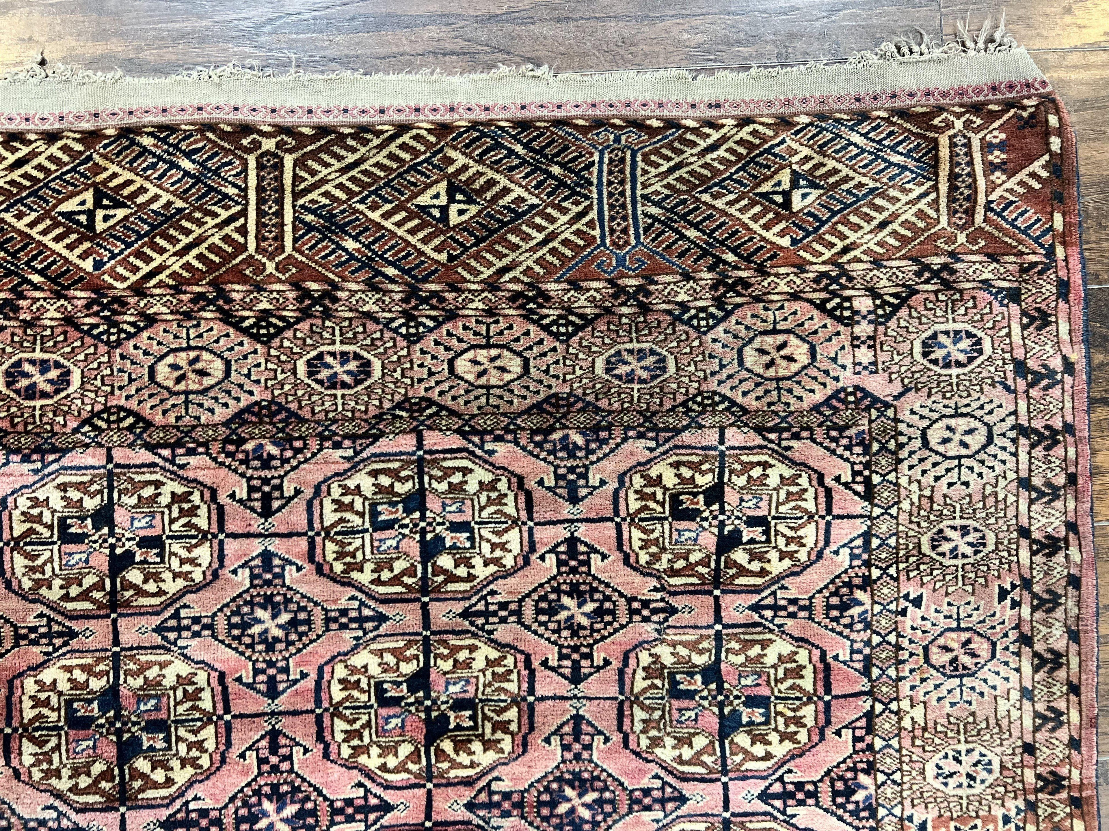 Persian Turkoman Rug 4x6, Wool Hand Knotted Antique Bokhara Carpet, Red Pink, Handmade Tribal Oriental Rug 4 x 6 ft