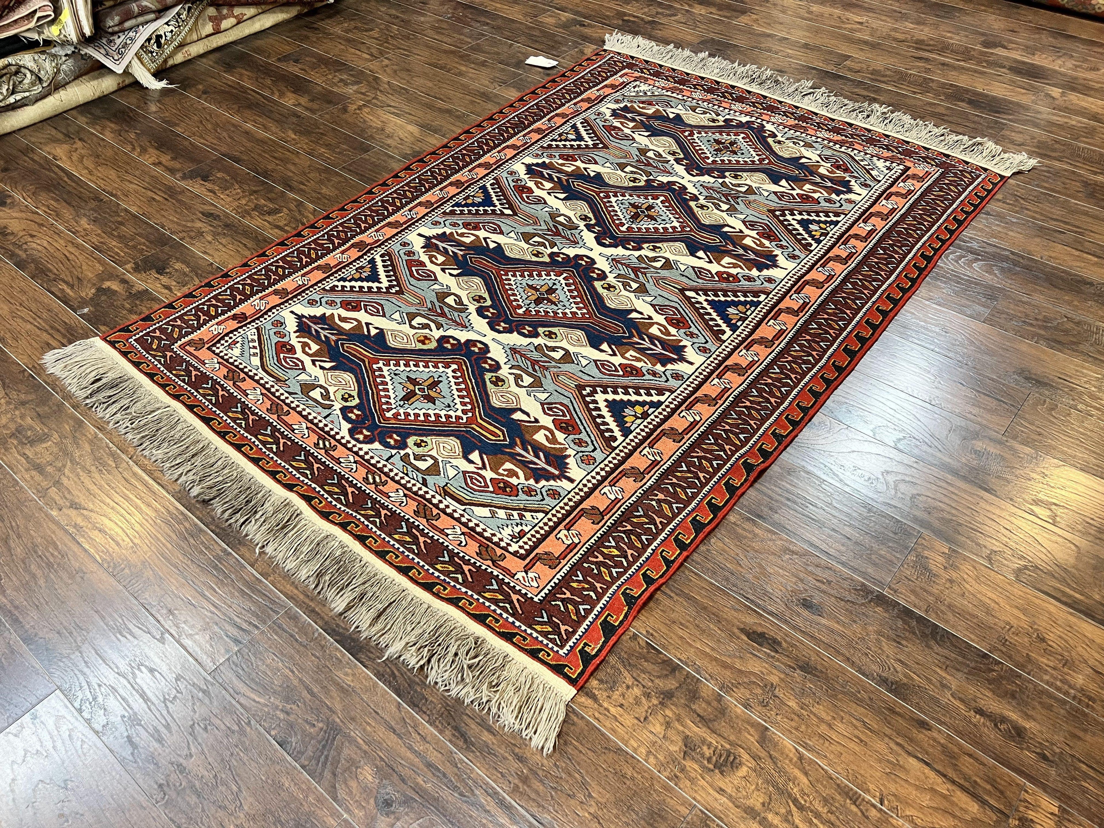 Russian Soumak Rug 6x8, Wool Handmade Antique Kilim Carpet, Multicolor 6 x 8 Geometric Medallions Caucasian Rug, Medium Size