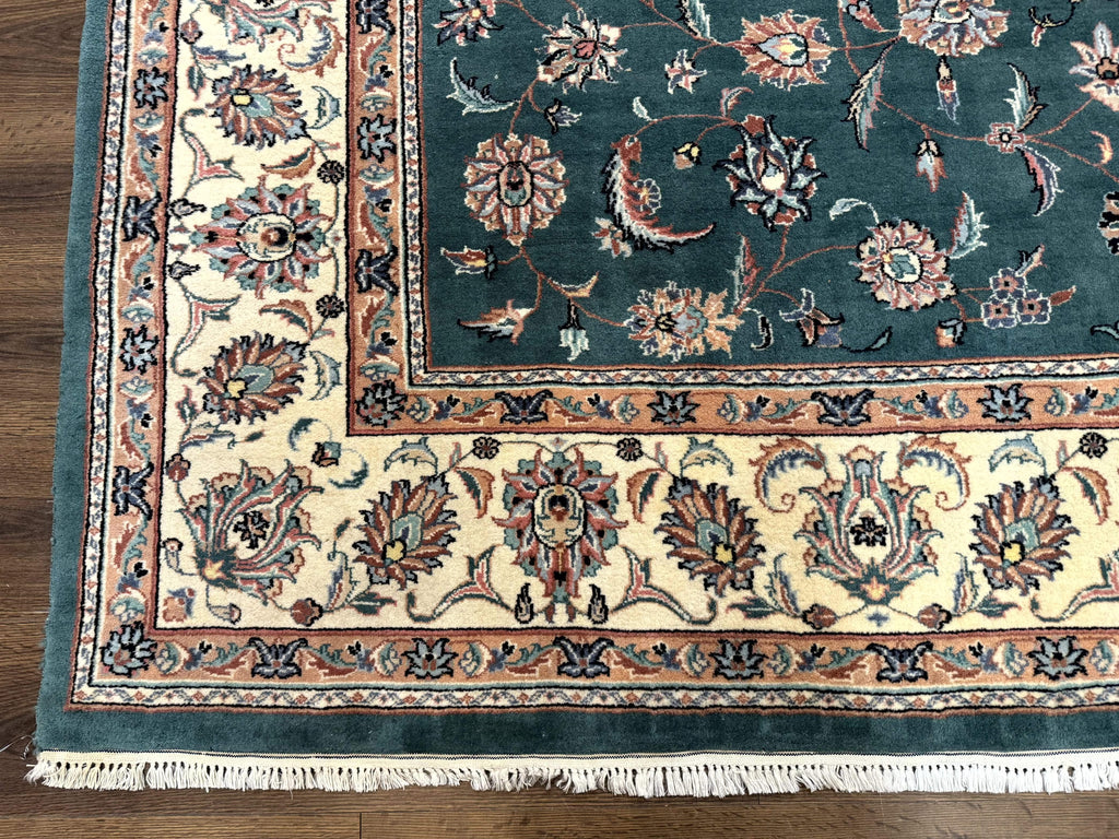 Indo Persian Rug 8x10, Green and Beige Oriental Carpet, Traditional Wool Area Rug, Floral Allover Pattern