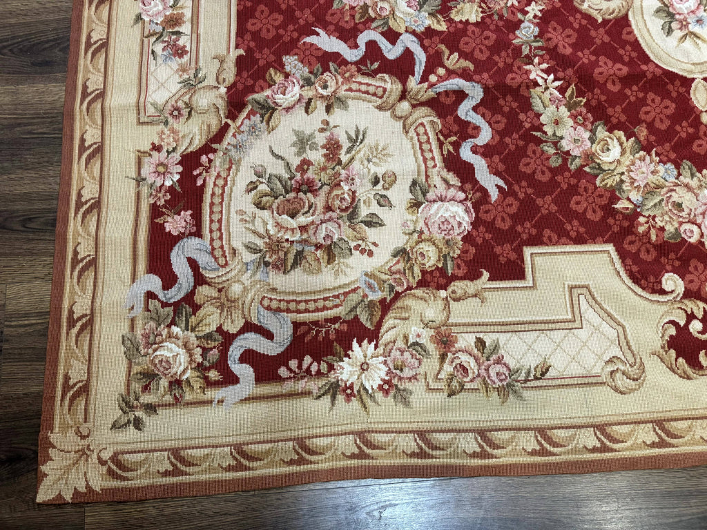 Aubusson Rug 8x11, Needlepoint Carpet, Red Ivory Beige, Vintage, French European Design