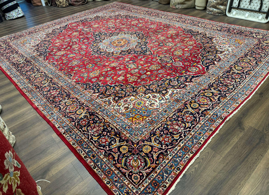 Large Persian Kashan Rug 11x14, Traditional Persian Carpet, Wool, Fine 250 KPSI, Red Navy Blue
