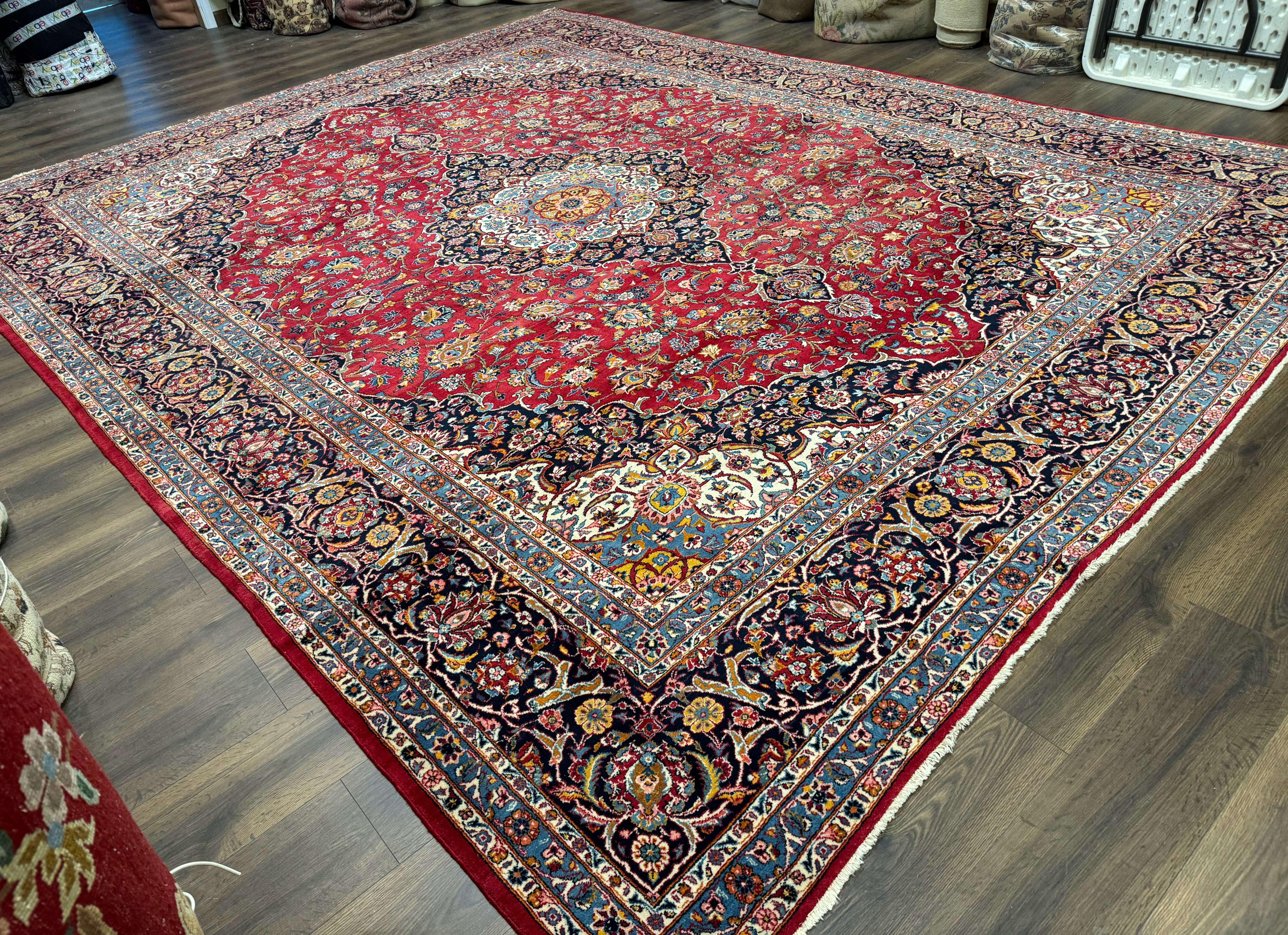 Large Persian Kashan Rug 11x14, Traditional Persian Carpet, Wool, Fine 250 KPSI, Red Navy Blue