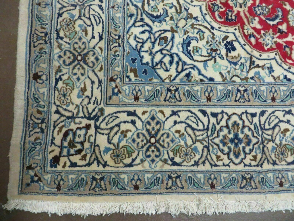 Square Persian Nain Rug 6'3" x 6' 8", Hand-Knotted, Wool with Silk Accents, Ivory Red Blue