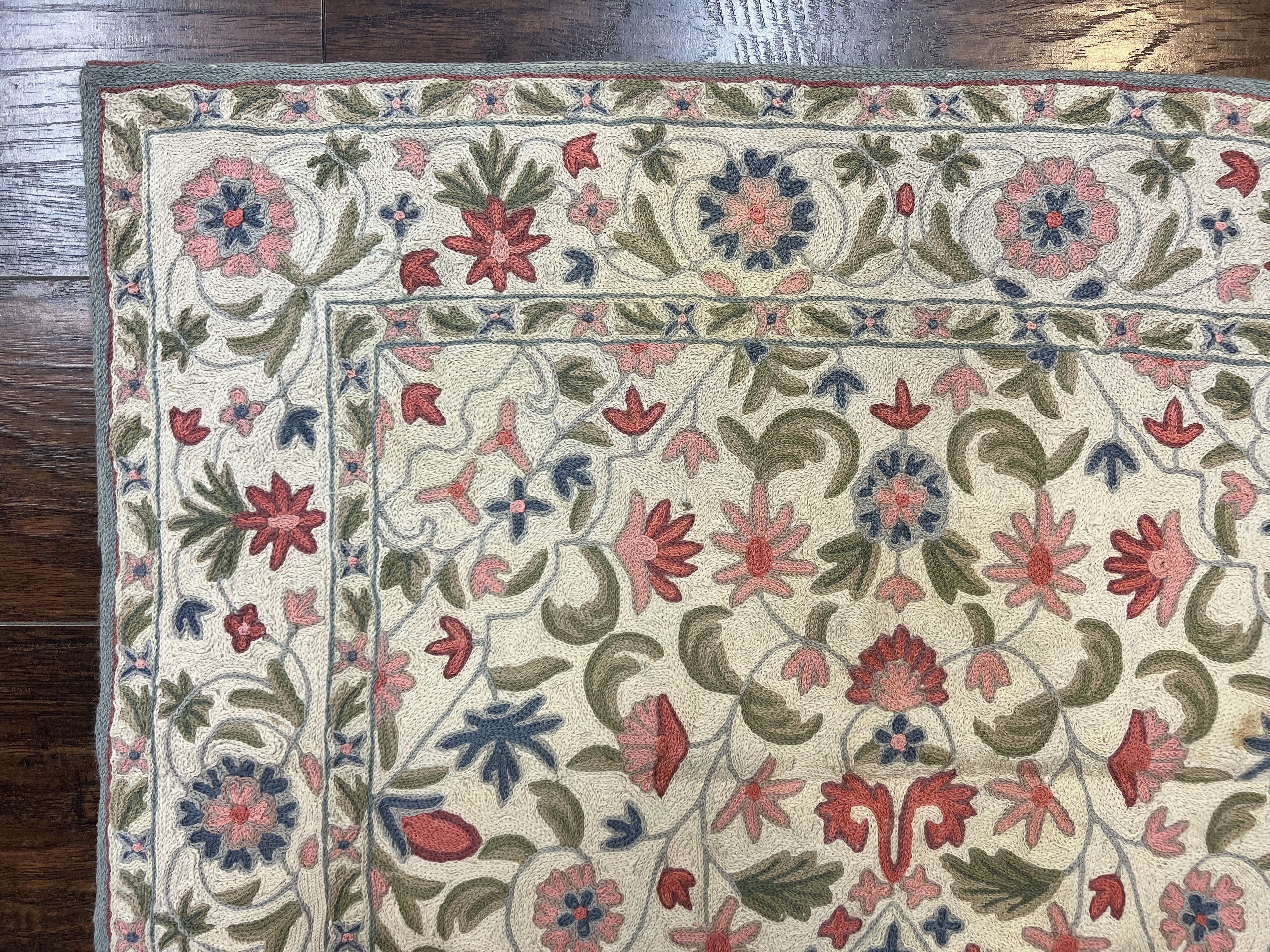 Hand Stitched Indian Rug 4x5, Floral, Vintage Hand Embroidered Rug