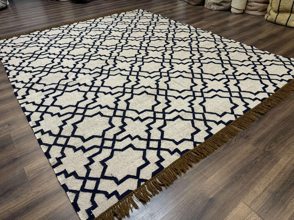 Indian Kilim Rug 8x10, Oat and Navy Blue, Dhurrie Carpet, Handmade, Wool