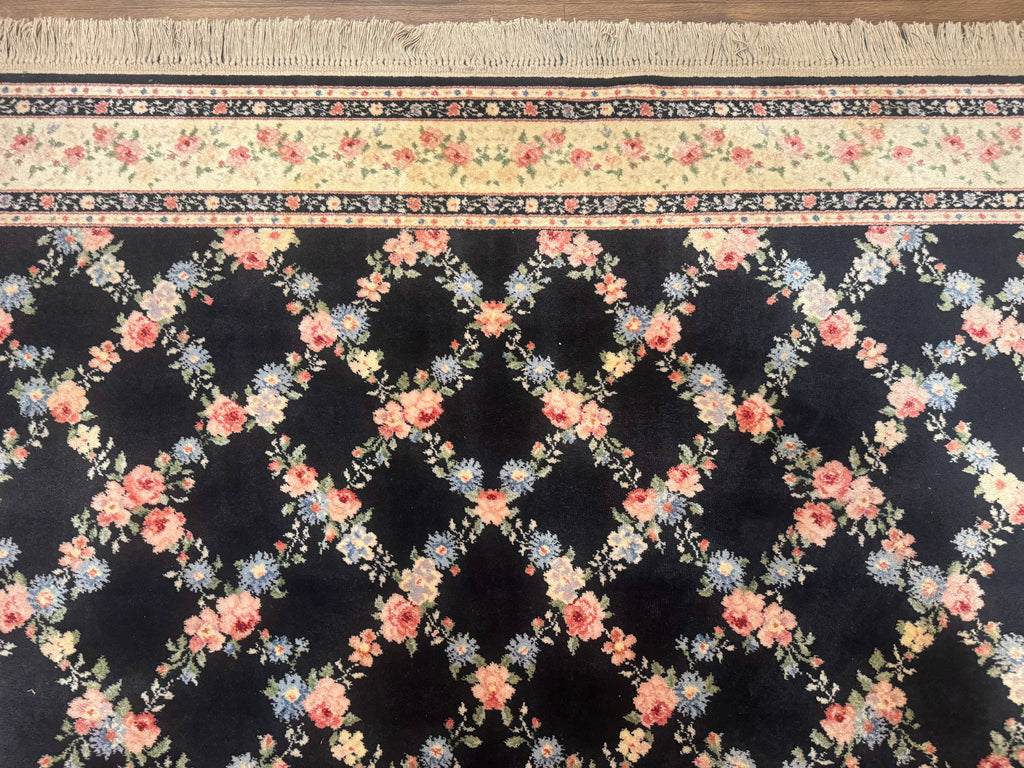 8.8 x 12 Karastan Garden of Eden Rug, Ebony Trellis #509/1270, Black, Floral, Wool Pile, Vintage, Discontinued
