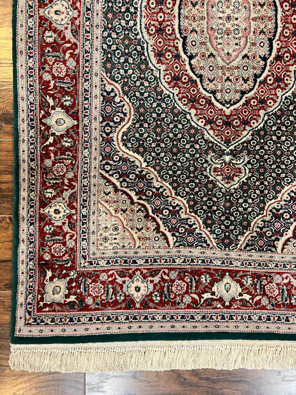 Sino Persian Rug 4x6, Wool with Silk Highlights, Fine Hand Knotted Carpet, Green & Maroon Red, Herati Medallion, Vintage Rug