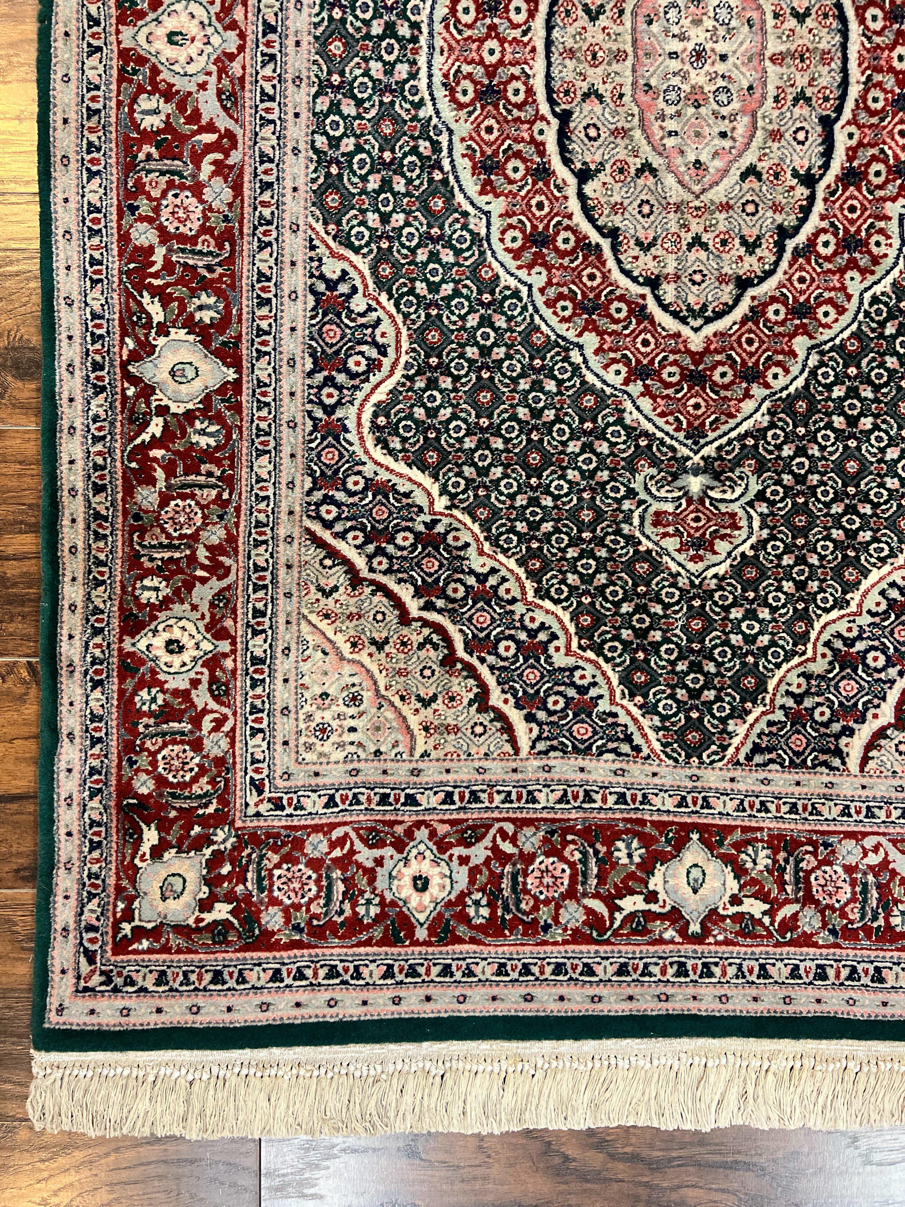 Sino Persian Rug 4x6, Wool with Silk Highlights, Fine Hand Knotted Carpet, Green & Maroon Red, Herati Medallion, Vintage Rug