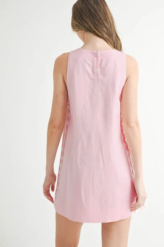 Linen Mix Side Ric Rac A-Line Mini Dress for Women – Casual Mini Dress, Summer Dress, A-Line Dress, Chic Peasant Dress, Vacation Dress, Flattering Fit Dress