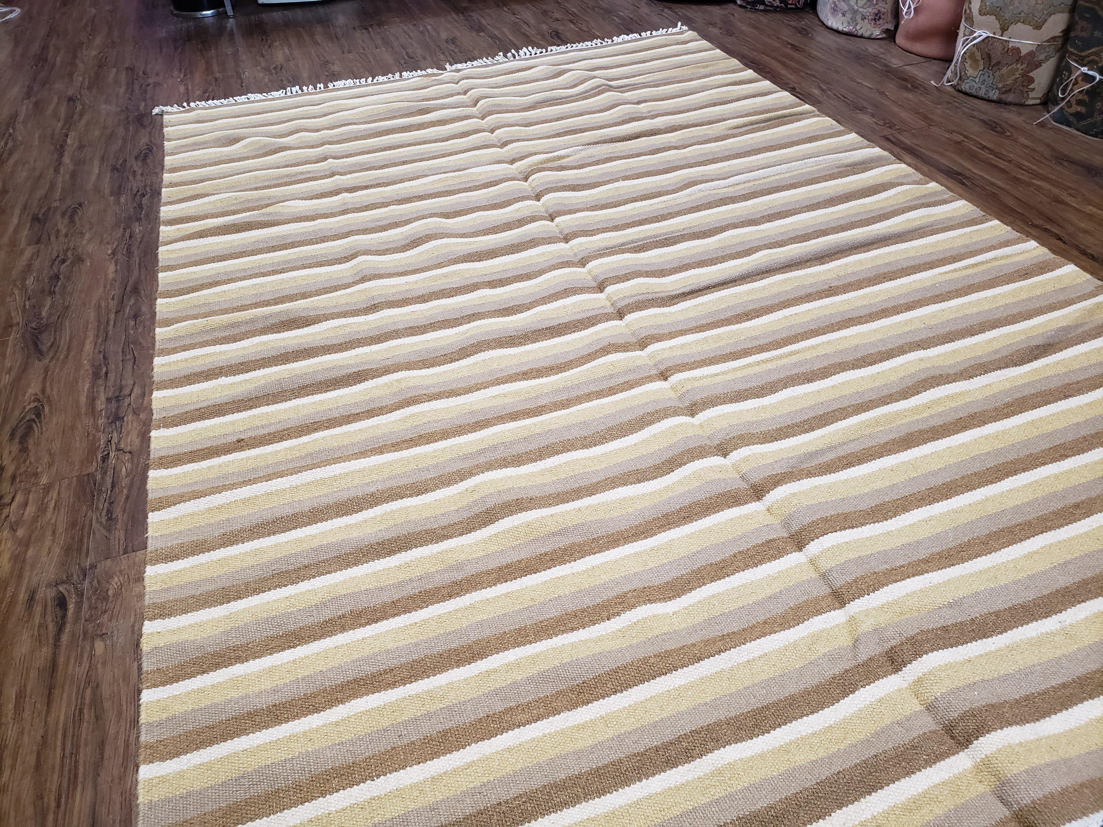 Indian Striped Blanket 6x9, Large Indo Kilim Area Rug, Earthern Tones Woolen Hand-Woven Flatweave South American Style Queen Size Bedspread