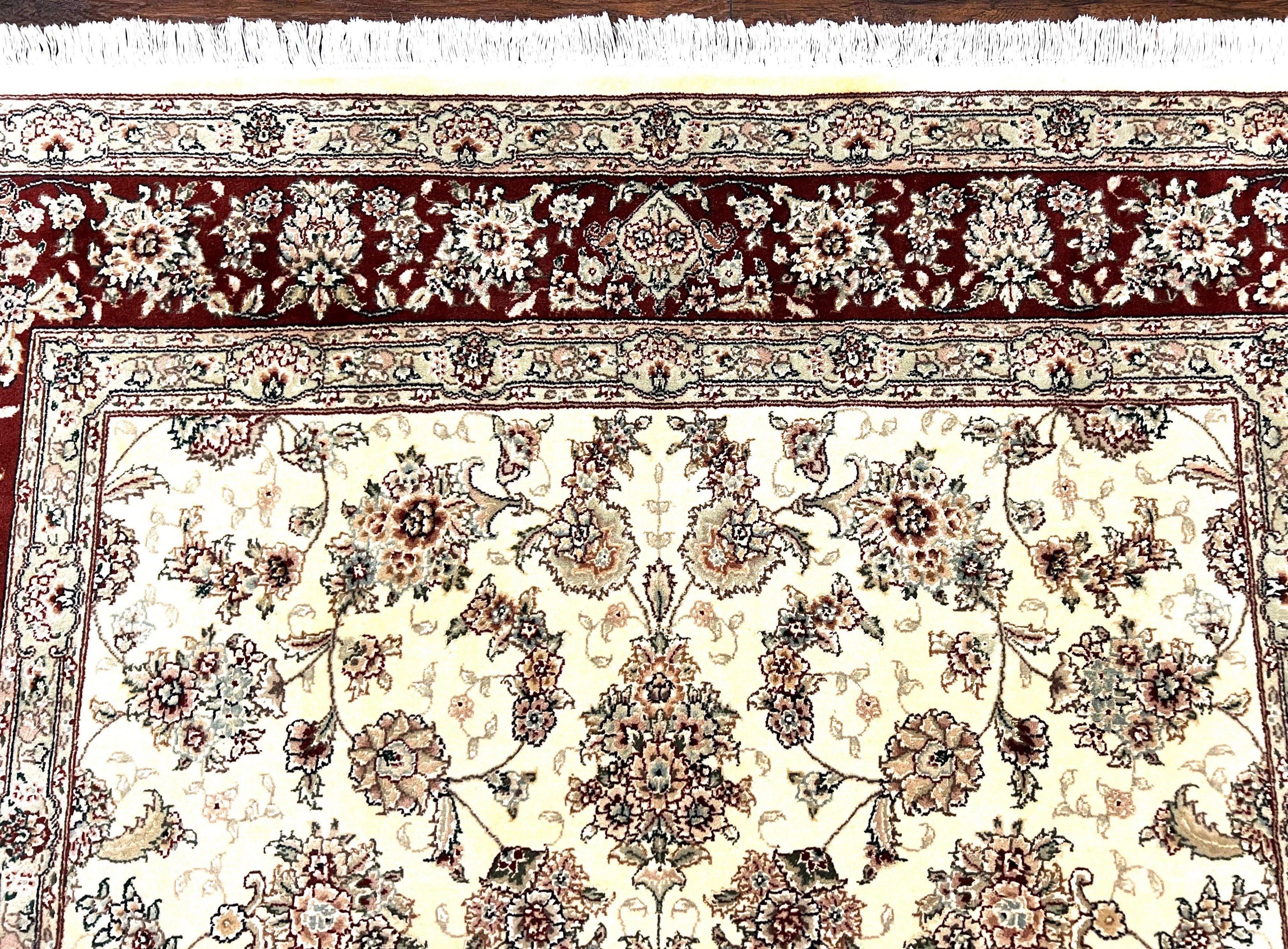 Pak Persian Rug 6x9, Floral Allover Carpet 6 x 9 ft, Cream and Maroon Hand Knotted Wool and Silk Fine Oriental Rug, Traditional Vintage Rug