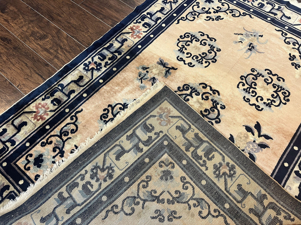 Chinese Peking Rug 4x6, Wool Hand Knotted Handmade Vintage Semi Antique Carpet, Semi Open Field, Light Peach & Navy Blue, Art Deco Rug