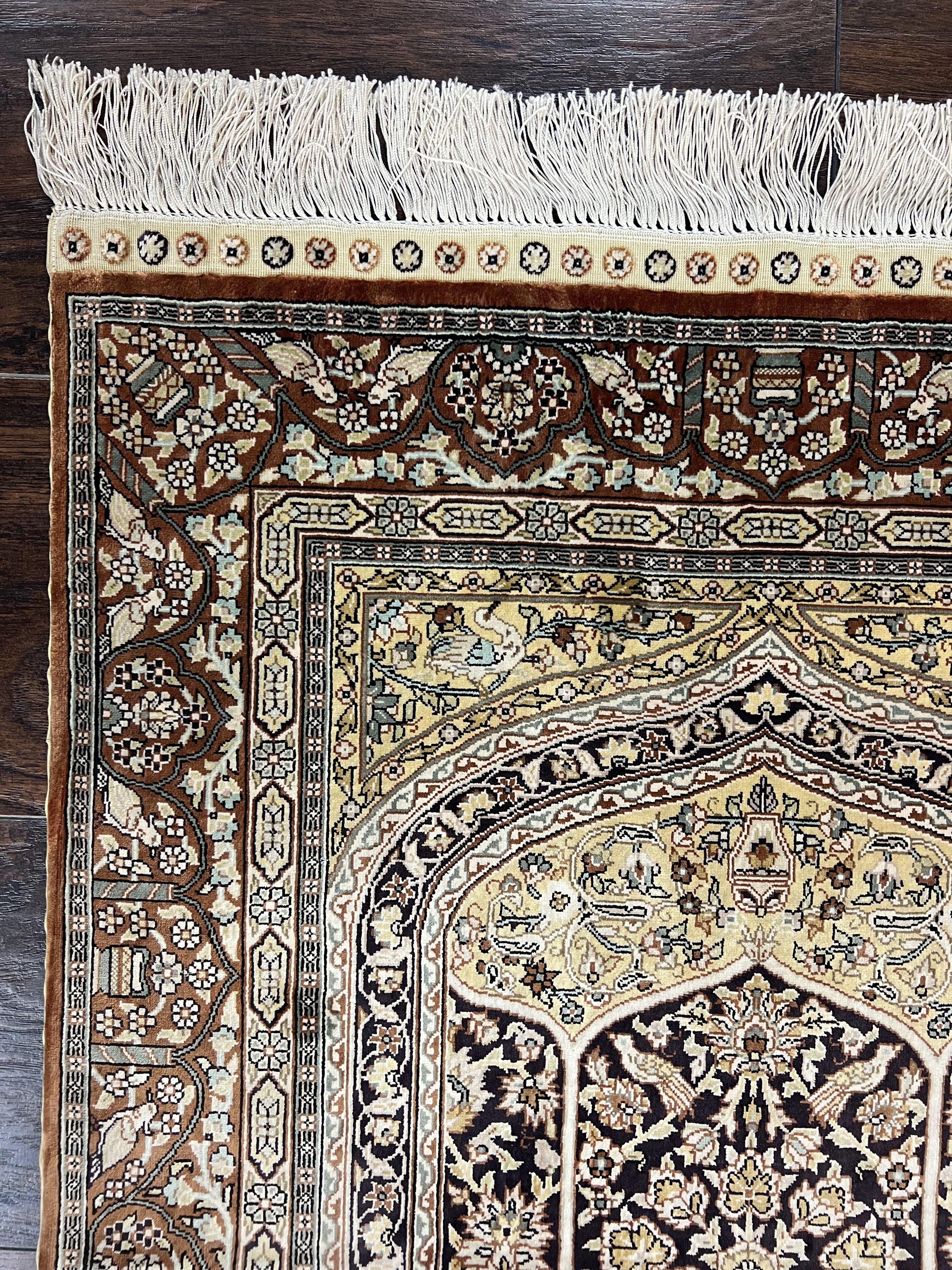 Turkish Silk Hereke Rug 2x3, Floral Vase Tree of Life Birds, Silk Pile on Silk Foundation, Vintage Oriental Carpet, Very Fine, Signature