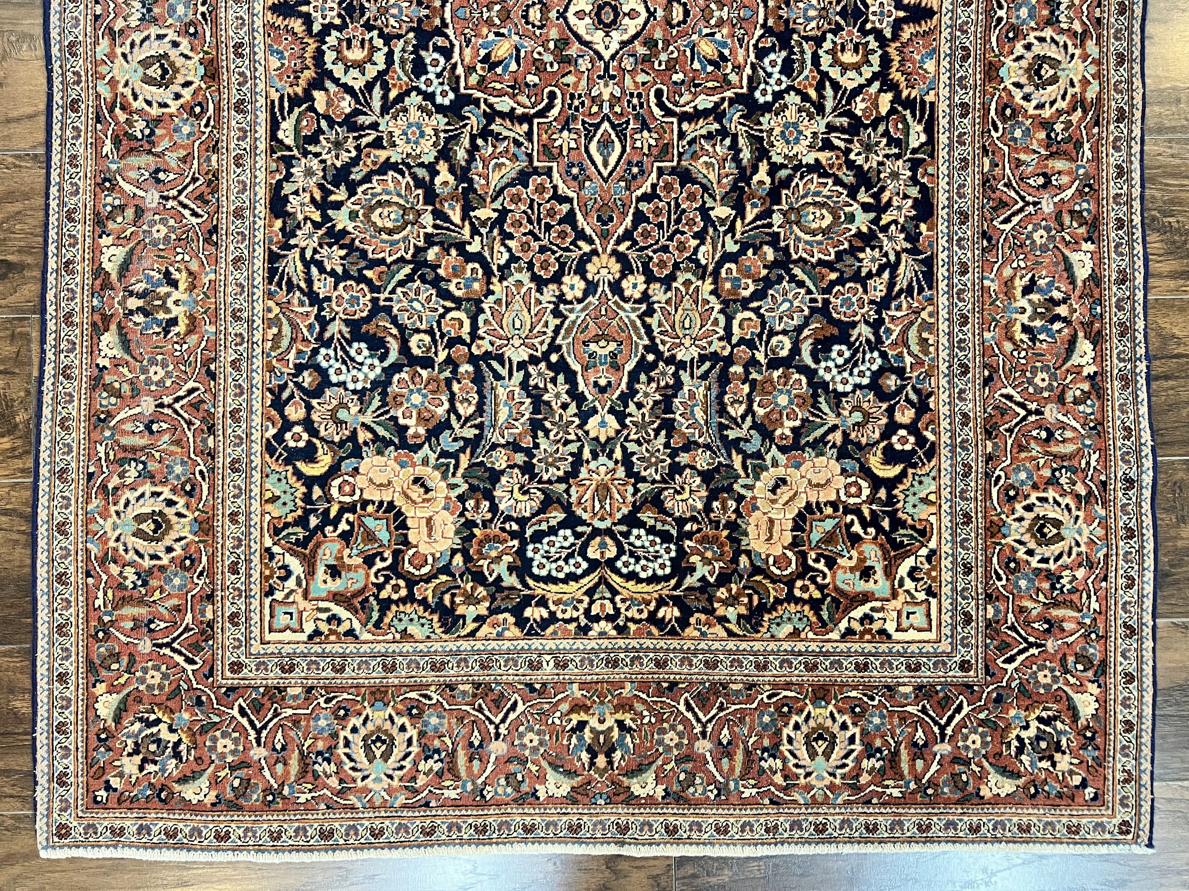 Persian Kashan Rug 4x7, Floral Medallion Vintage Handmade Hand Knotted Navy Blue & Red Wool Oriental Carpet, Highly Detailed Semi Antique Rug