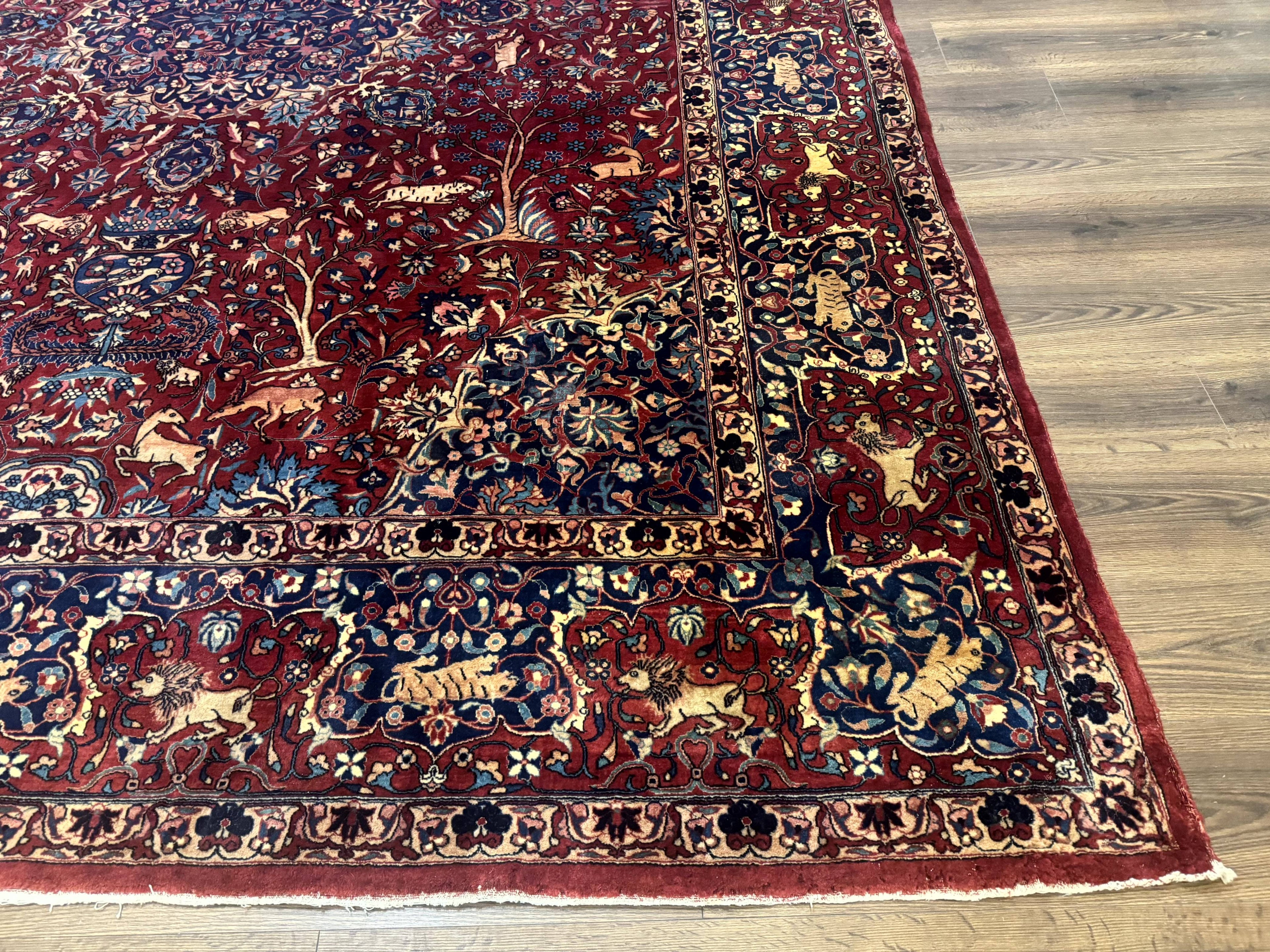 Antique Indo Persian Kerman Rug 9x12 Red Manchester Wool Animal Pictorials, Fine 290 KPSI