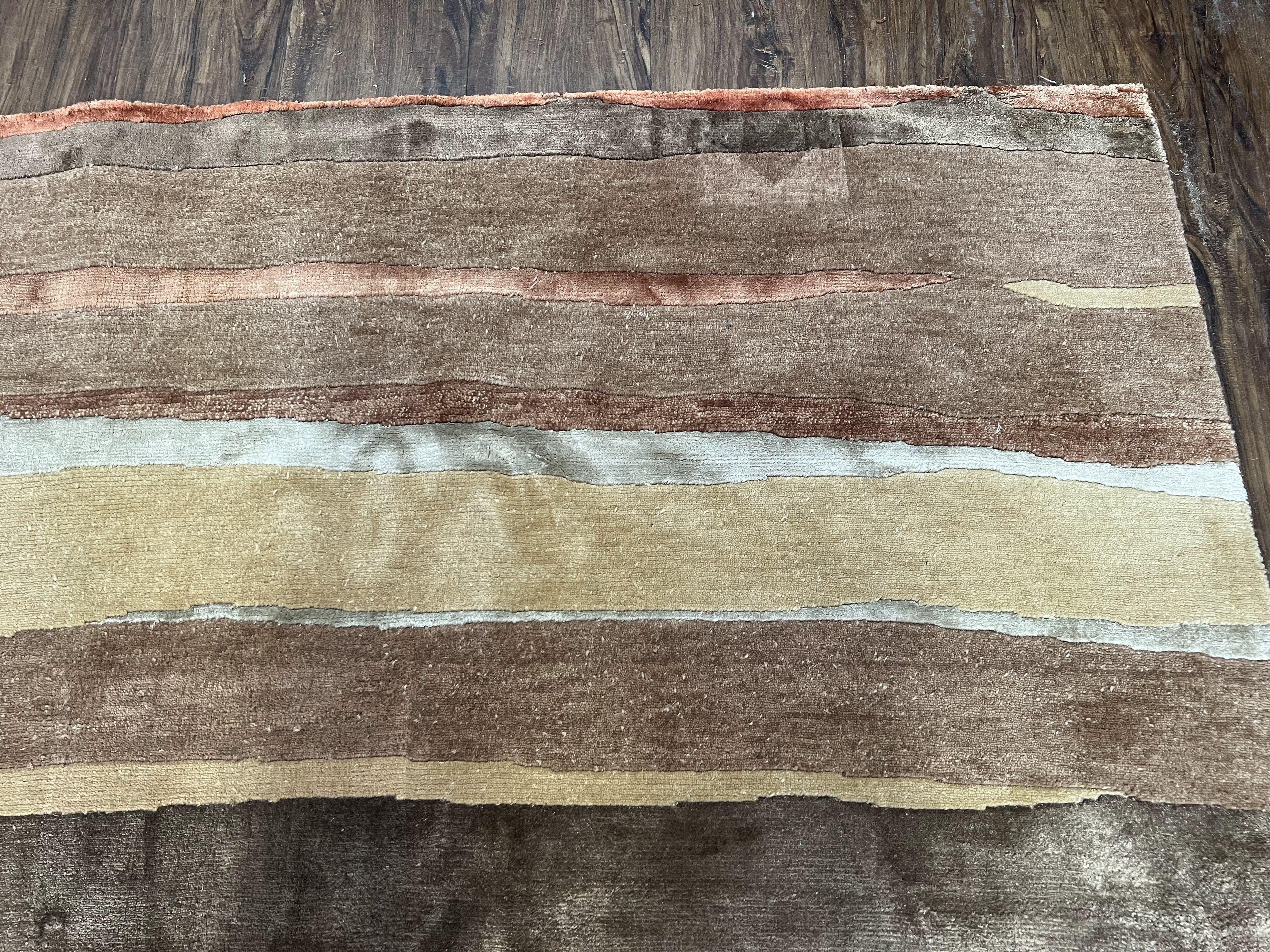 Modern Tibetan Rug 8x11 Nepali Carpet, Shiny Velvely Soft Wool and Silk, Contemporary Hand Knotted Rug, Striped Design, Wool Area Rug 8 x 11