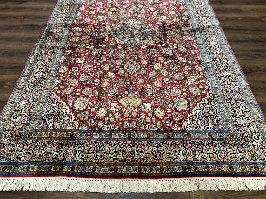 Indian Kashmiri Silk Rug 6x9, Red and Navy Blue, Floral Medallion, Fine 275 KPSI