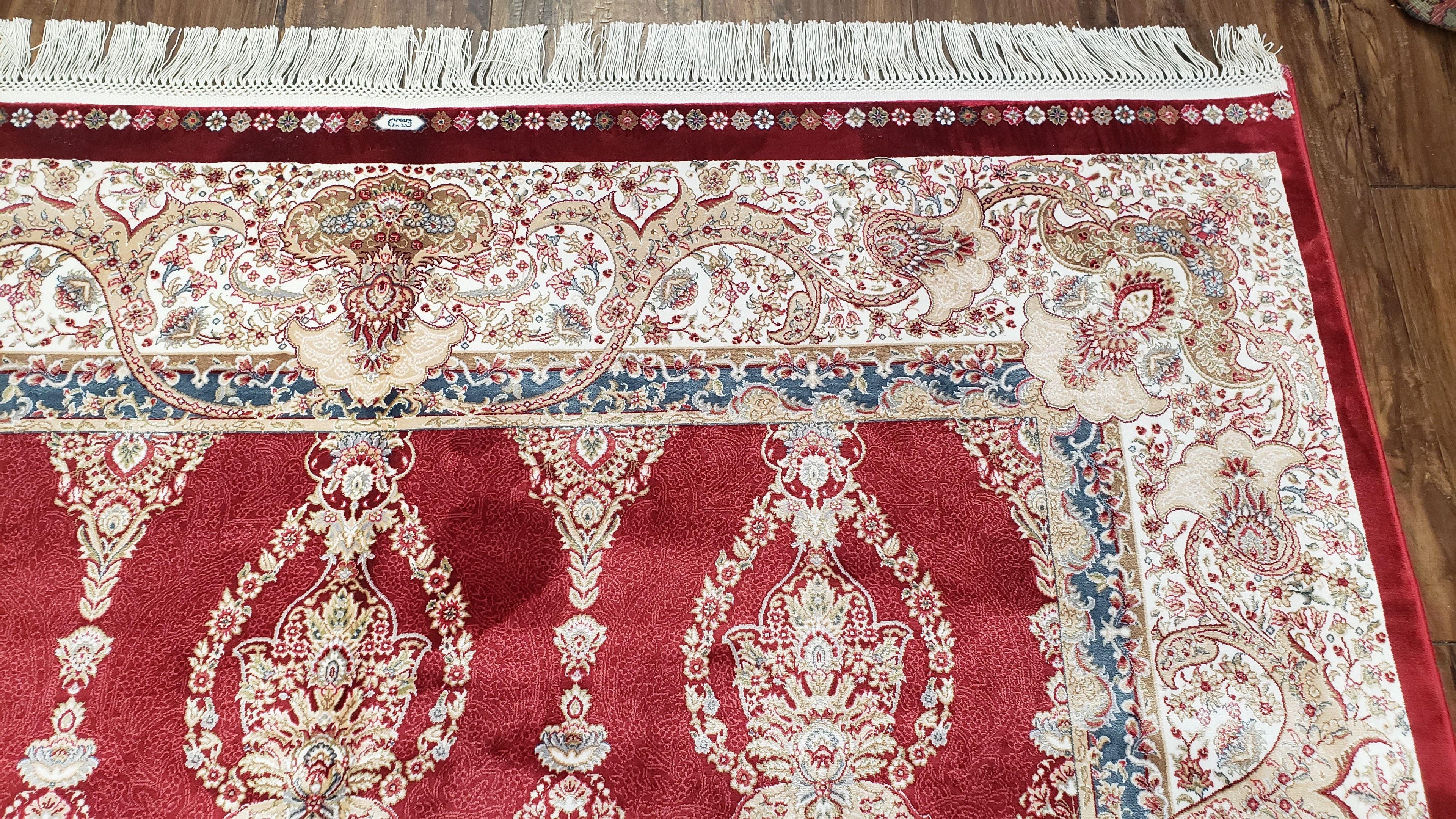 Dark Red Silk Carpet 5.3 x 7.6 ft, 5x8 Silk Rug, New Turkish Silk Carpet, Mint Condition, Beige & Red Area Rug, Bamboo Silk, High Quality