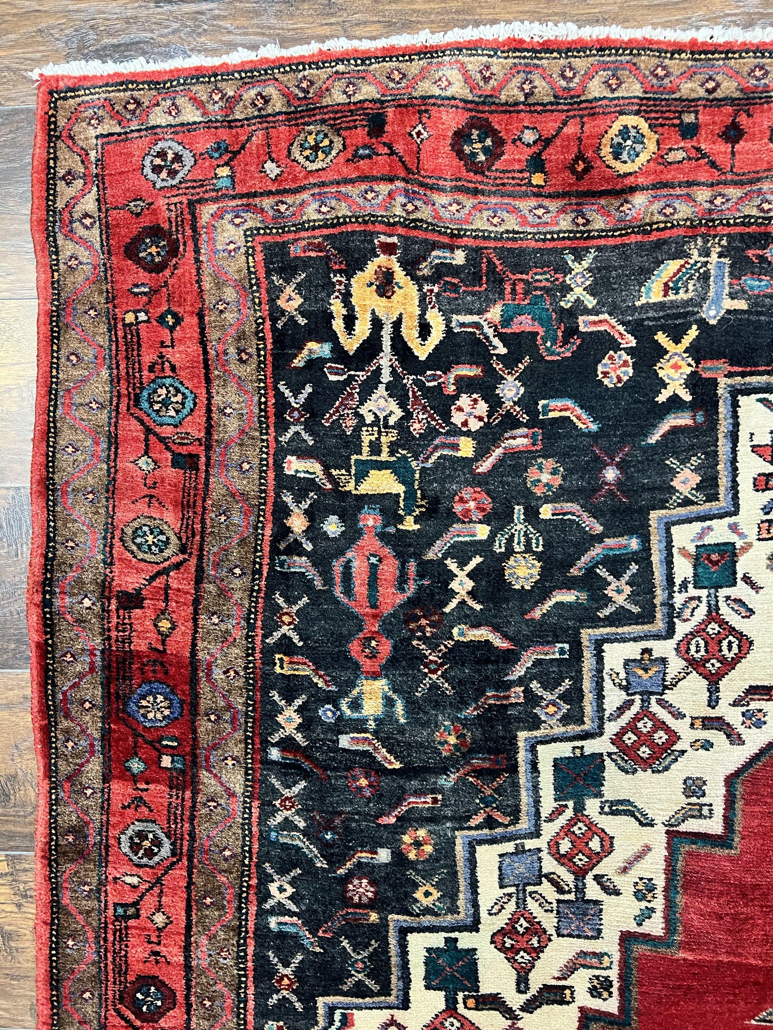 Persian Rug 5x12 ft, Red Cream Navy Blue, Pictorials, Hand Knotted Handmade Wide Runner Tribal Bidjar Semi Antique Wool Geometric Oriental Rug