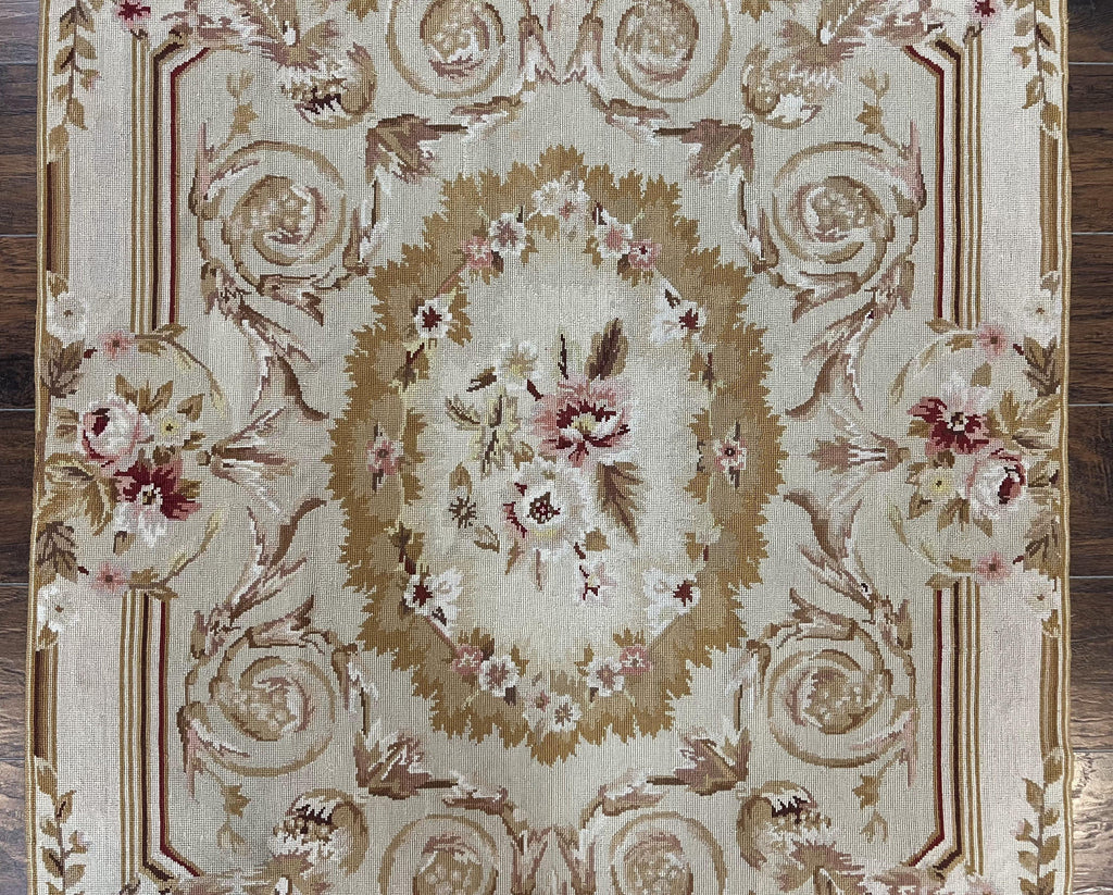 Aubusson Needlepoint Rug 4x5 ft, Beige and Tan, Aubusson Savonnerie Vintage Carpet, Handwoven Handmade Wool Rug, European Design Floral Rose