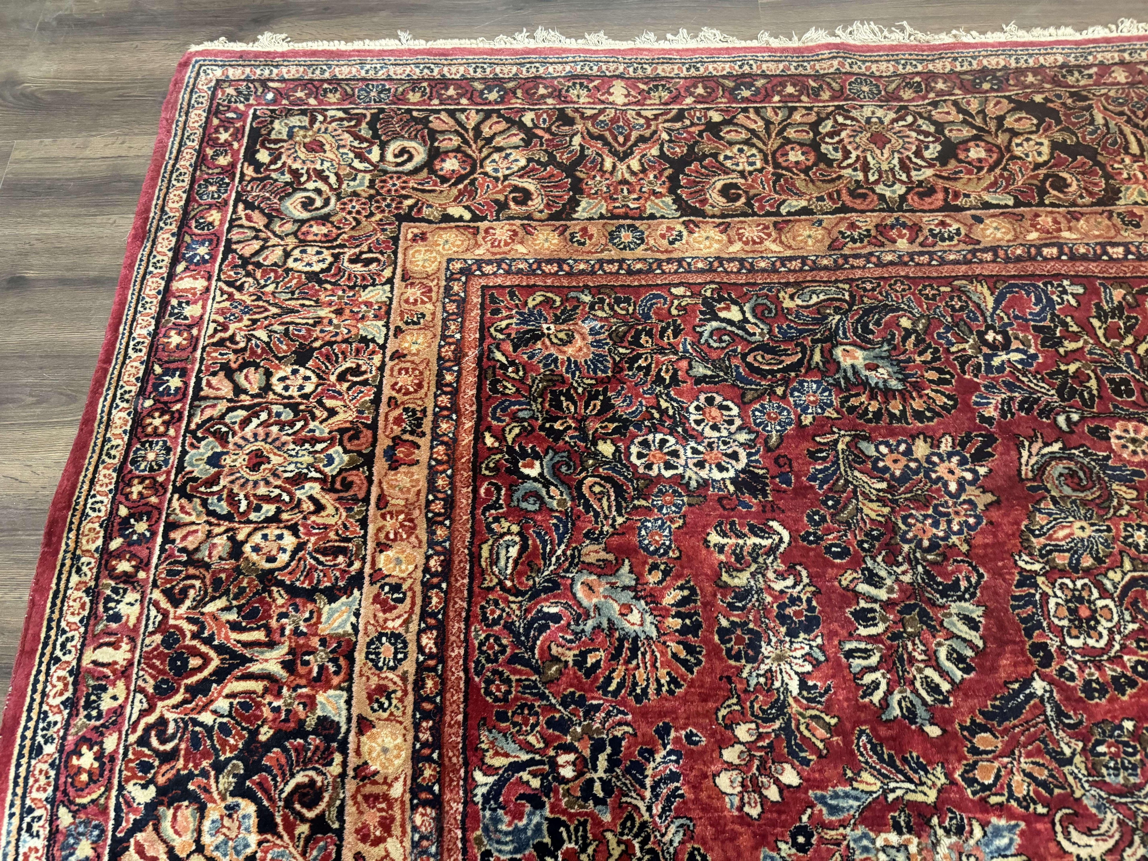 Persian Sarouk Rug 10x18, Palace Size Antique Persian Carpet, Wool, Red, Floral, Handmade Traditional Persian Rug, Extra Large Rug